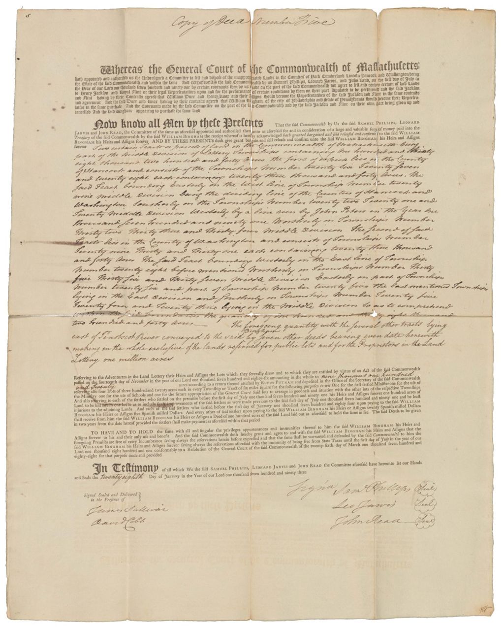Miniature of Copy of Deed Number Five to William Bingham