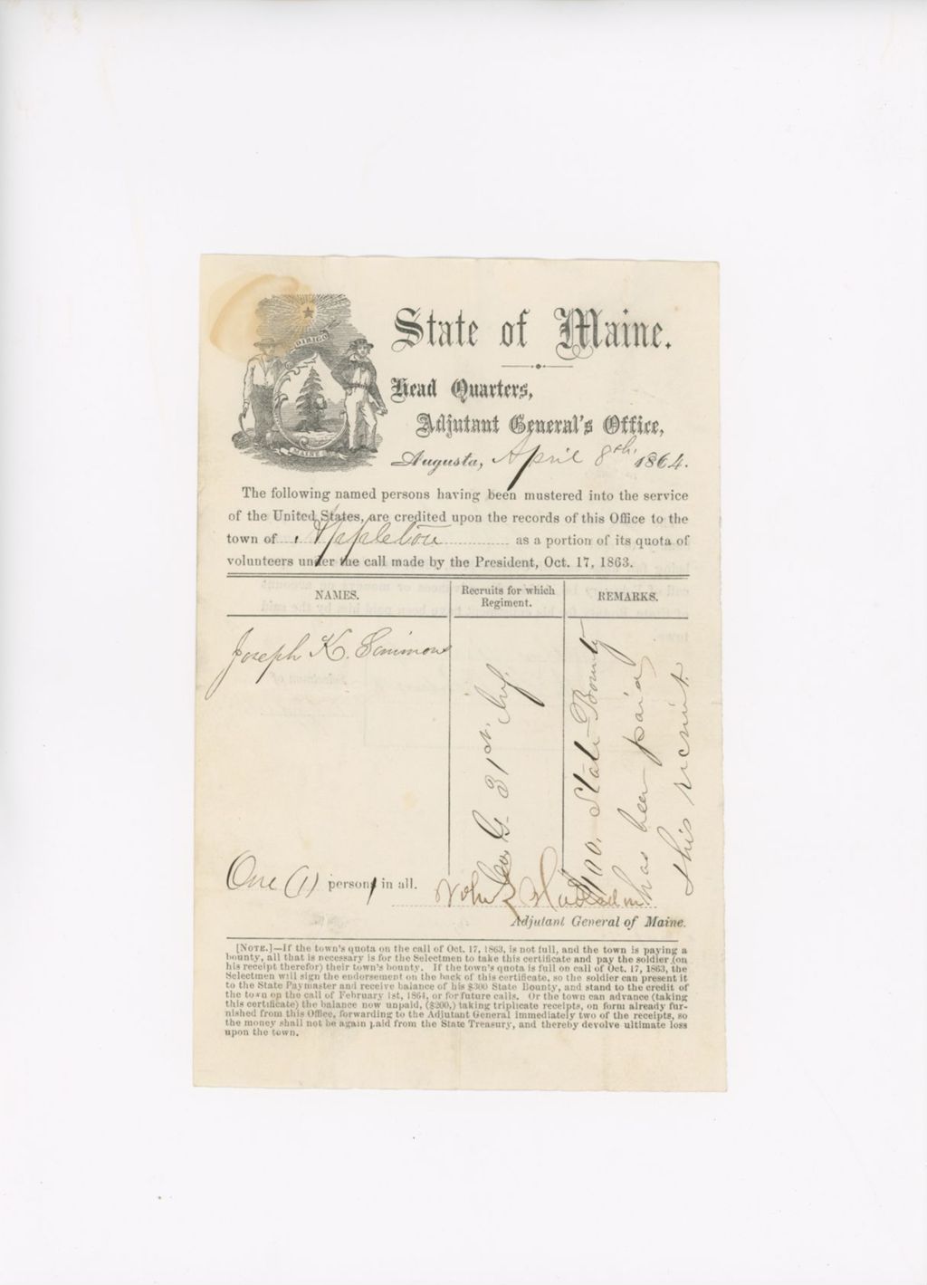 Miniature of Quota receipt, April 8, 1864