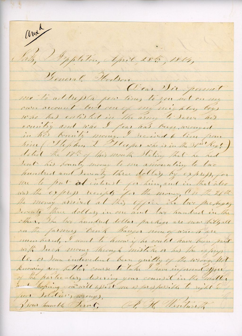 Miniature of Letter to John Hodsdon, April 28, 1864