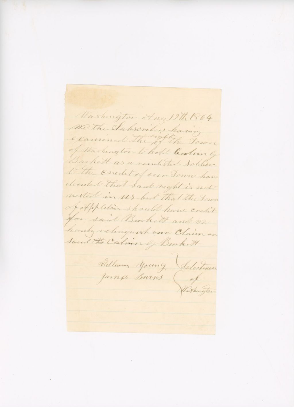 Miniature of Letter from Town of Washington Relinquishing Quota Claim on Calvin Burkett, August 12, 1864