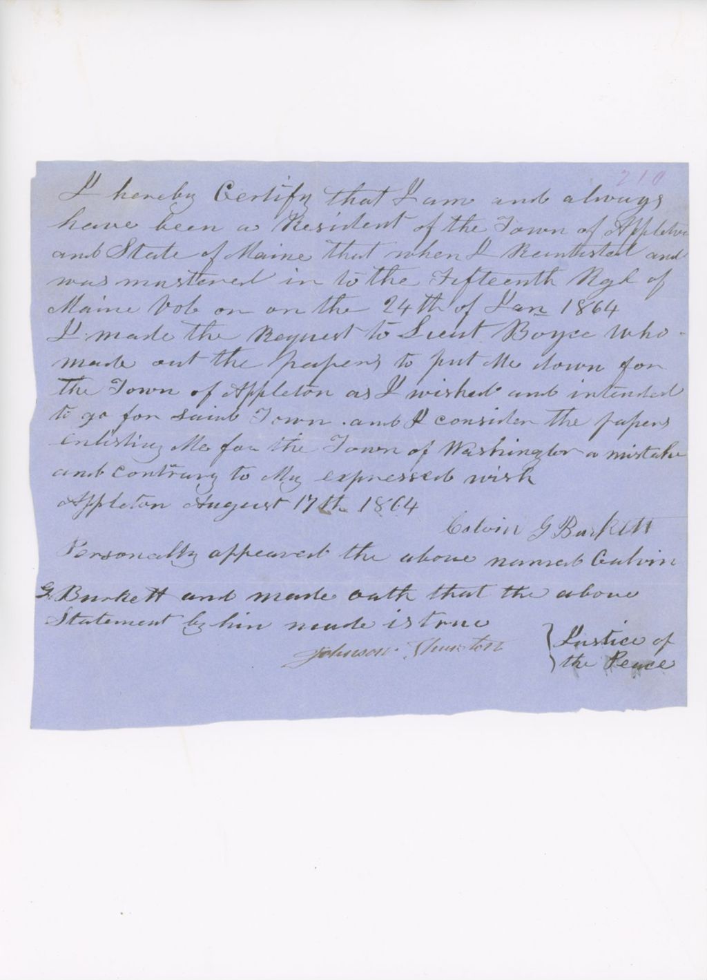 Miniature of Letter from Calvin Burkett Certifying His Appleton Residency, August 17, 1864