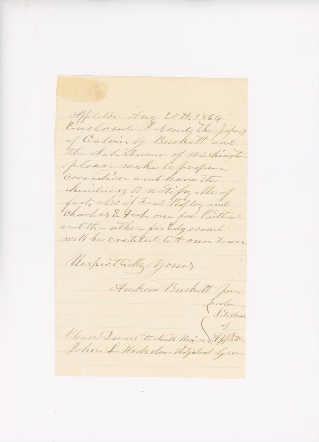 Miniature of Letter from Andrew Burkett to John Hodsdon Regarding Quotas, August 20, 1864