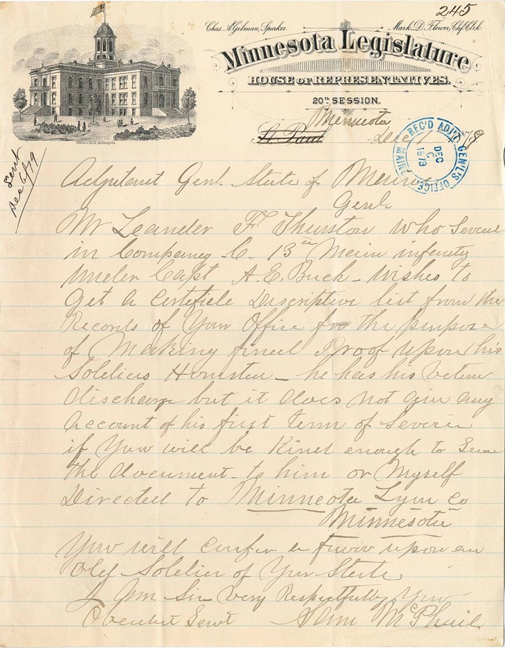 Miniature of Minnesota Legislature requesting Mr. Leander F. Thunton's certificate of inscription, 1879-12-01