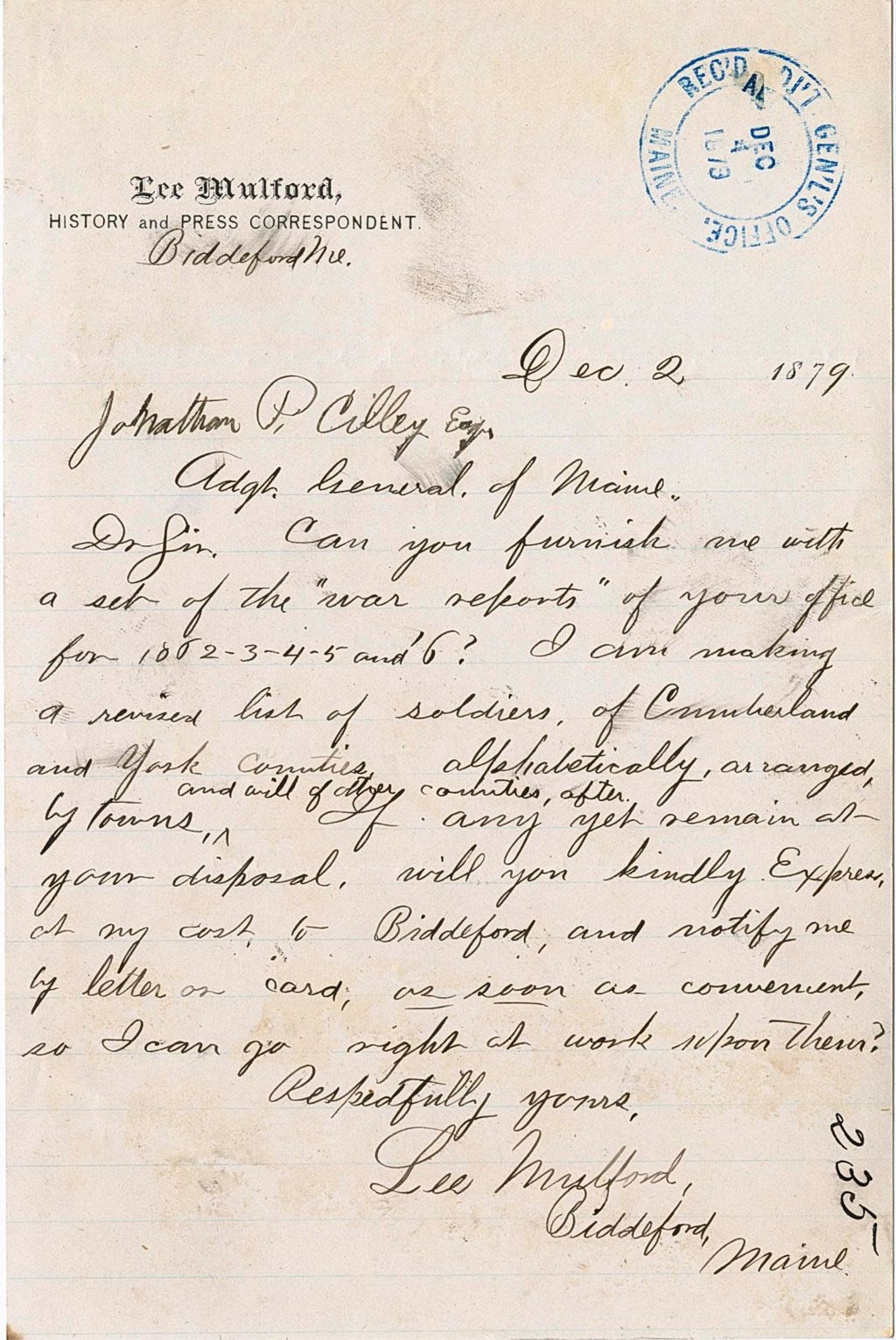Miniature of Lee Mulford requesting war reports from 1882-1886 to create revised list of soldiers for Cumberland and York Counties, 1879-12-02