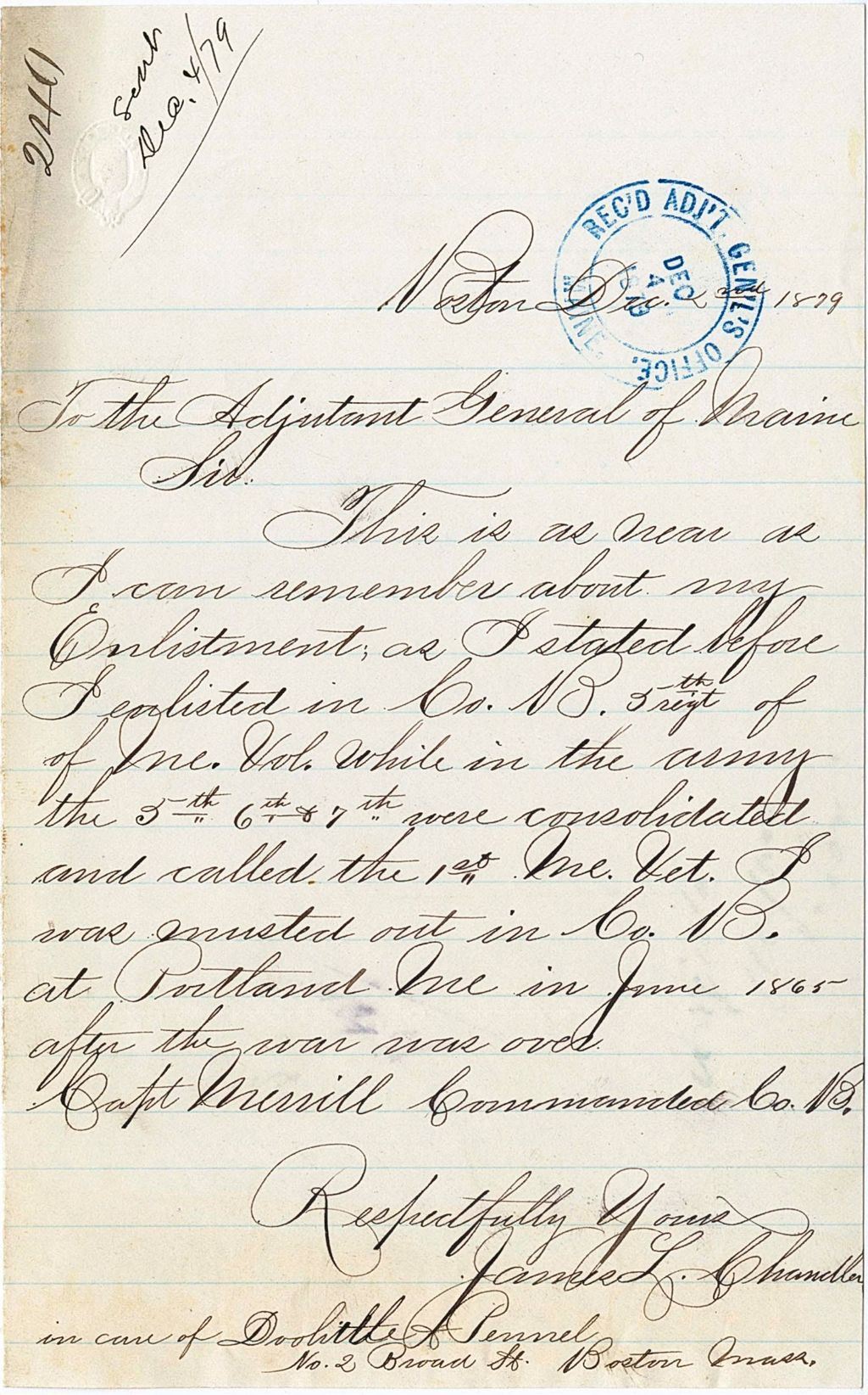 Miniature of James L. Chandler writing about his enlistment, 1879-12-02