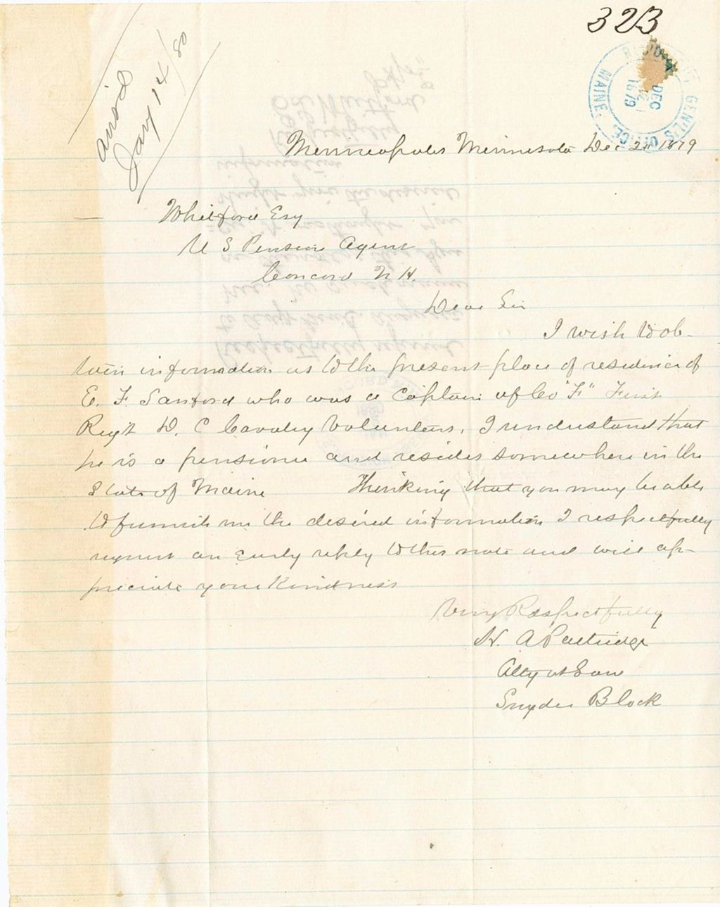Miniature of Respectfully Referred to Adj. General Augusta, ME. No such name is tierolls of this agency. It was thought you might give the desired information, respectfully, E. L. Whitford, 1879-12-02
