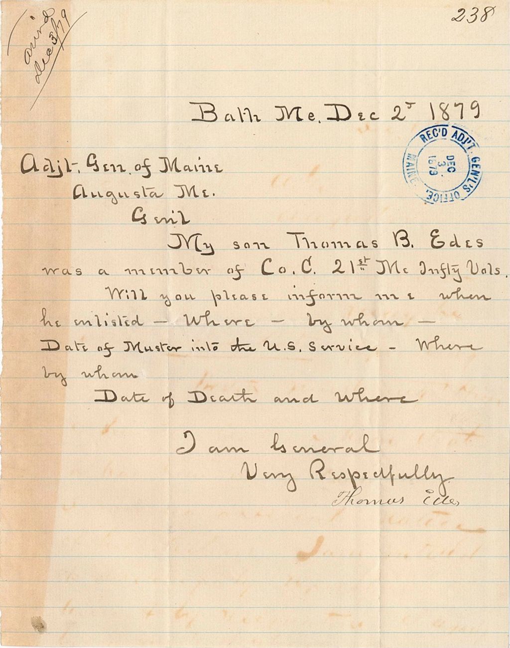 Miniature of Thomas Edes requesting information about his son's enlistment, 1879-12-02