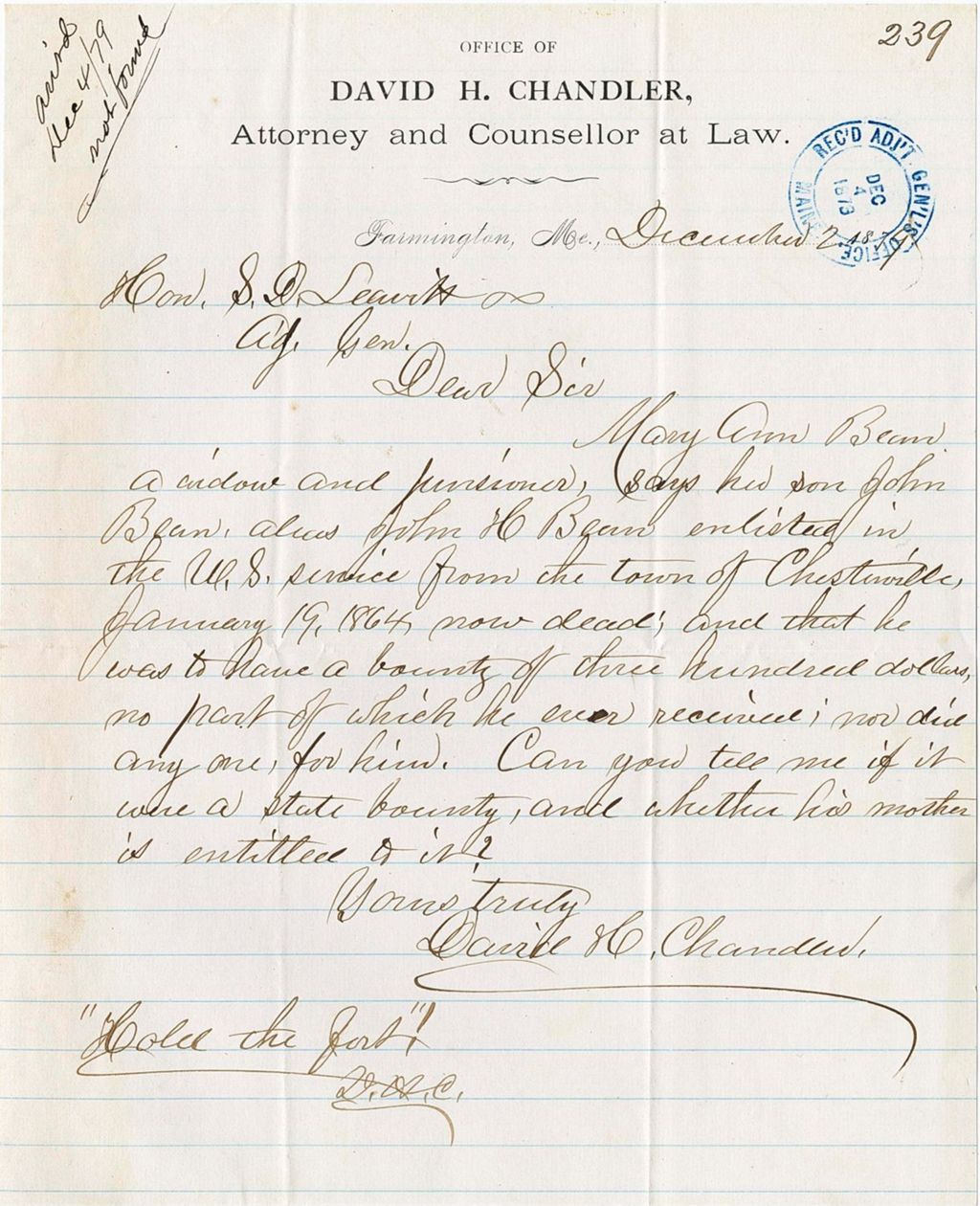 Miniature of Attorney David H. Chandler requesting information about a state bounty of $300 for the widow Mary Ann Bean from her son, John Bean's enlistment, 1879-12-02