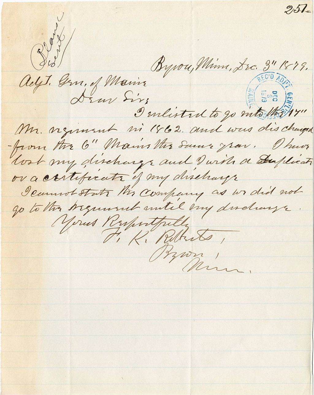 Miniature of F. k. [Roberts] requesting a copy of his discharge papers, 1879-12-03