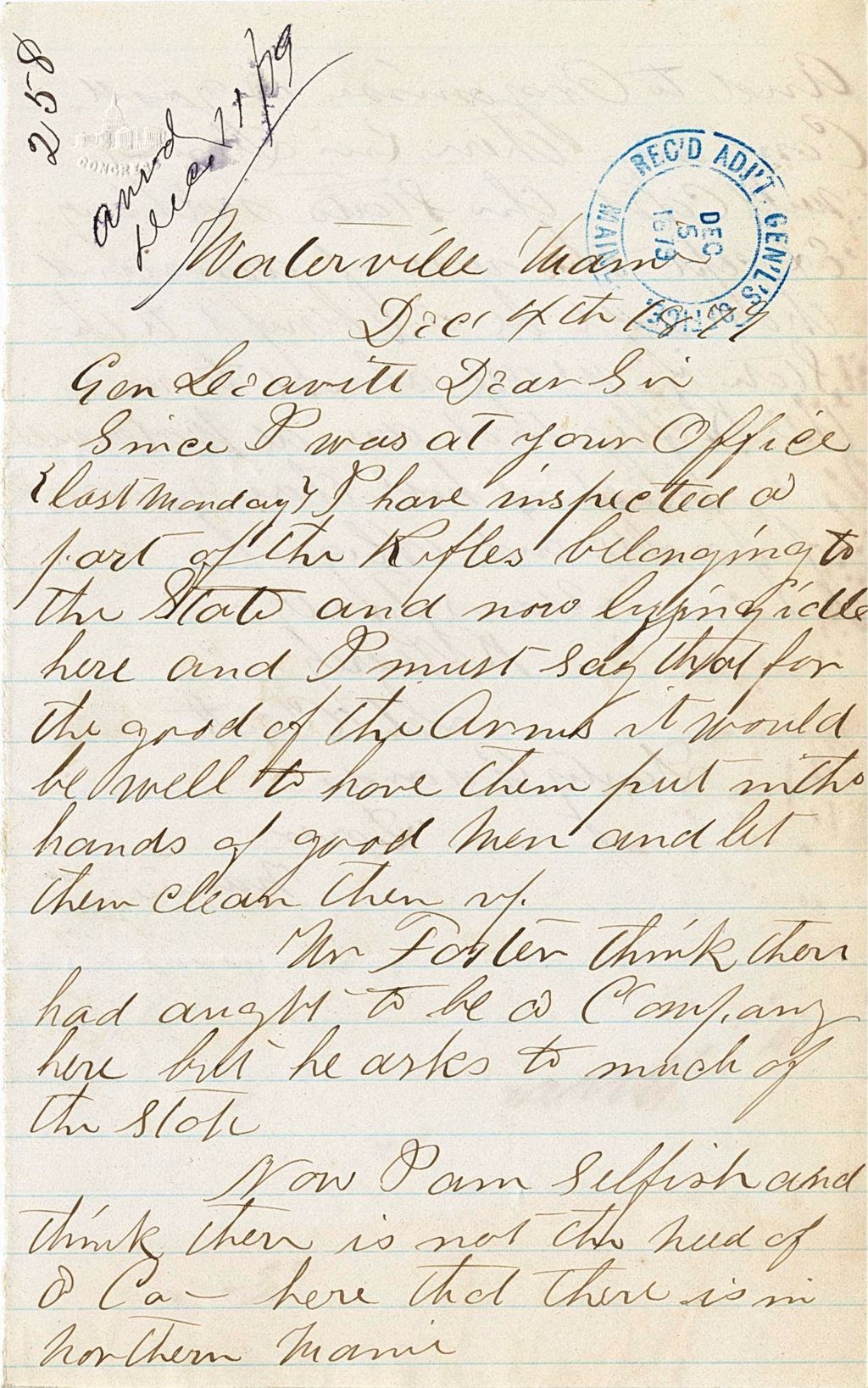 Miniature of N [Learey] Requesting permission to use arms located in Northern Maine, 1879-12-04