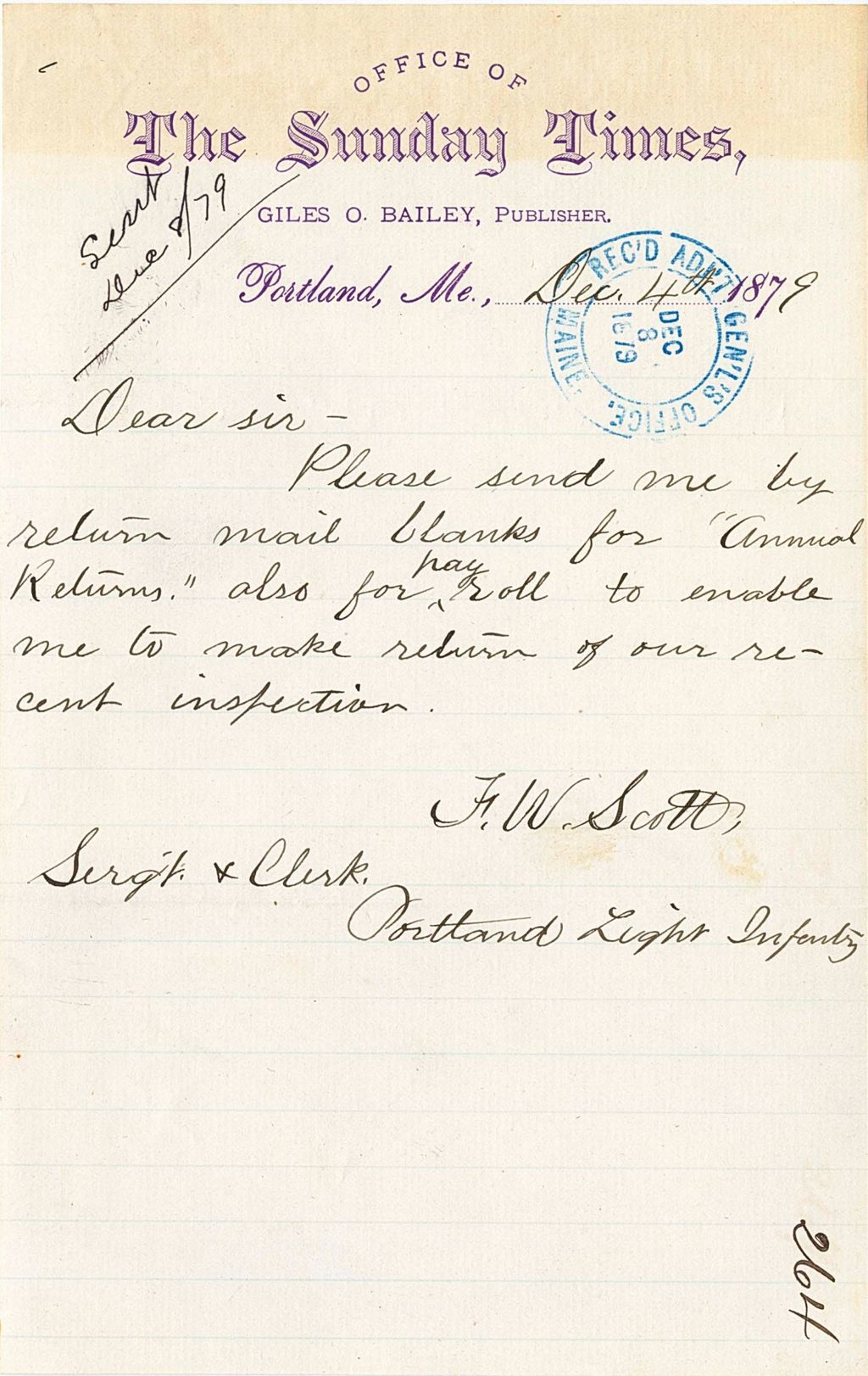 Miniature of F. W. Scott requesting blanks for annual returns and pay rolls to send information from his recent inspection, 1879-12-04