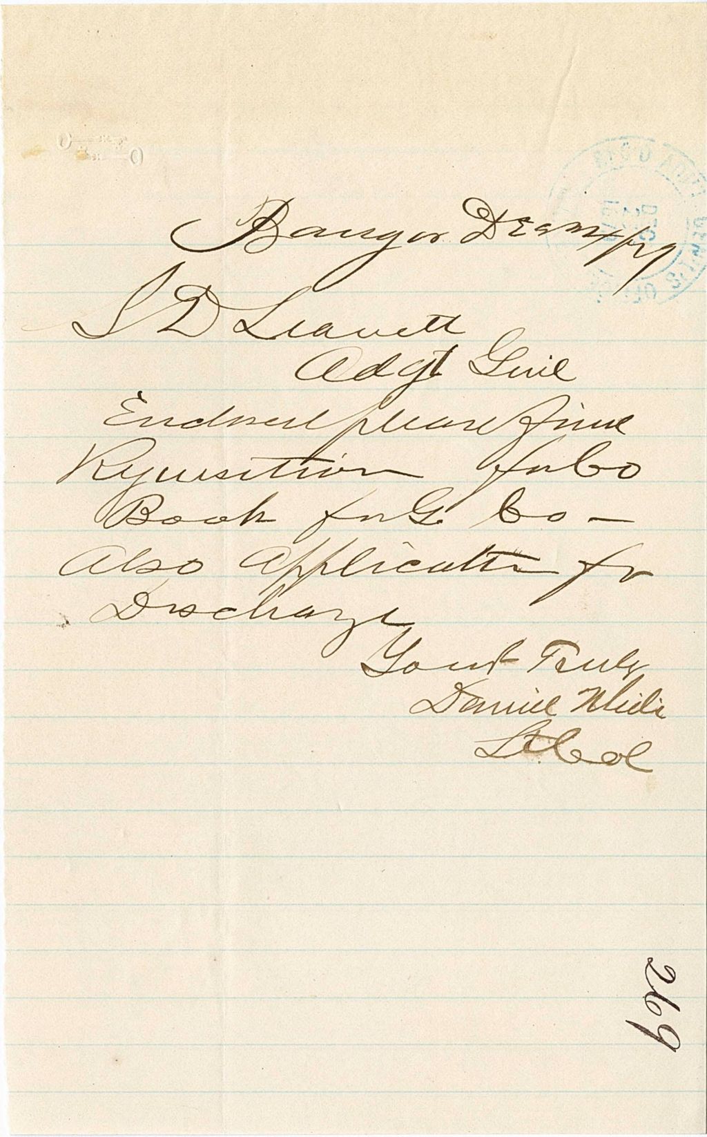 Miniature of Daniel Wieli requesting application for discharge, 1879-12-04