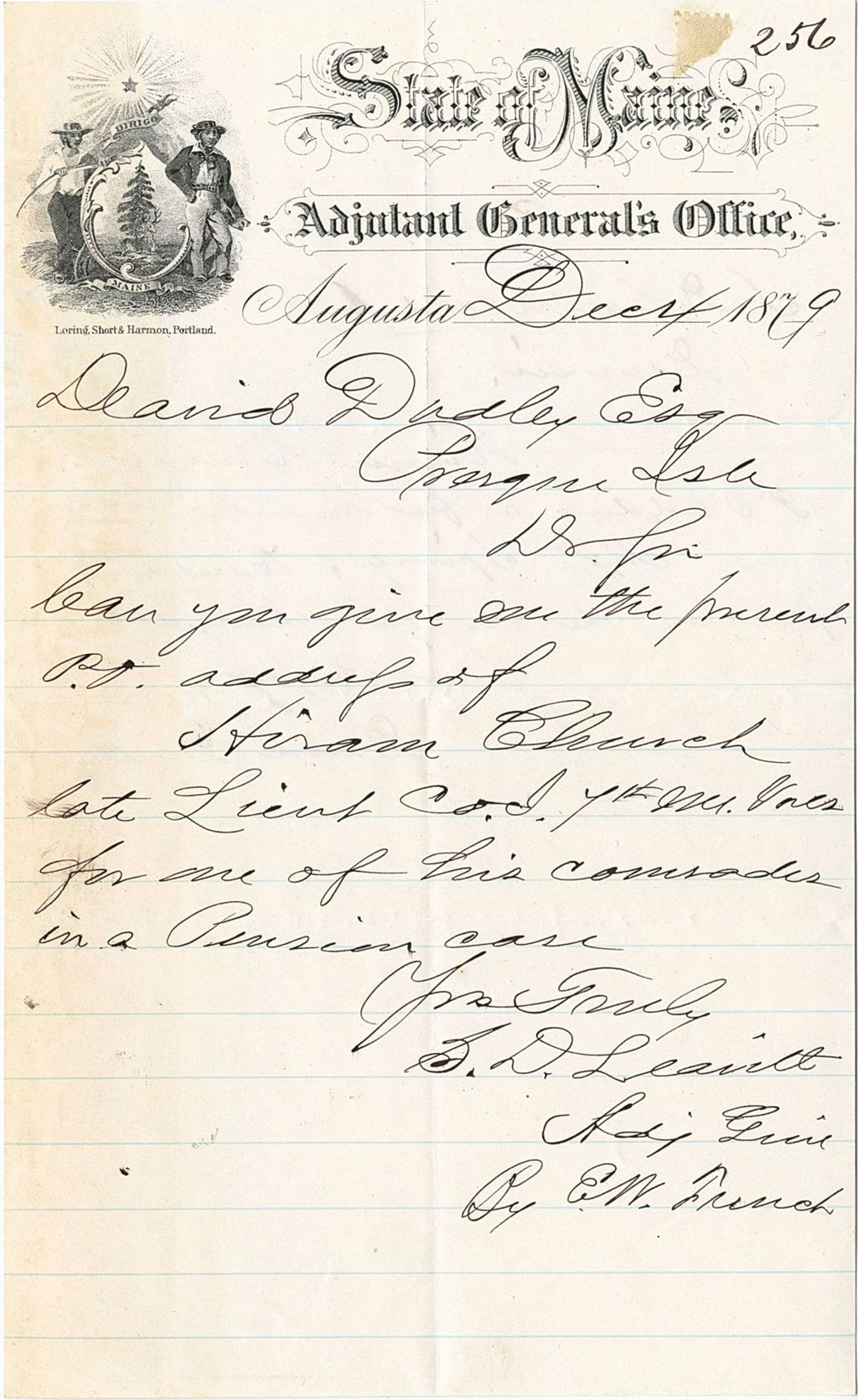Miniature of S. D. Leavitt, Adjunct General, writing to David Dudley requesting the address of Hiram Church, 1879-12-04