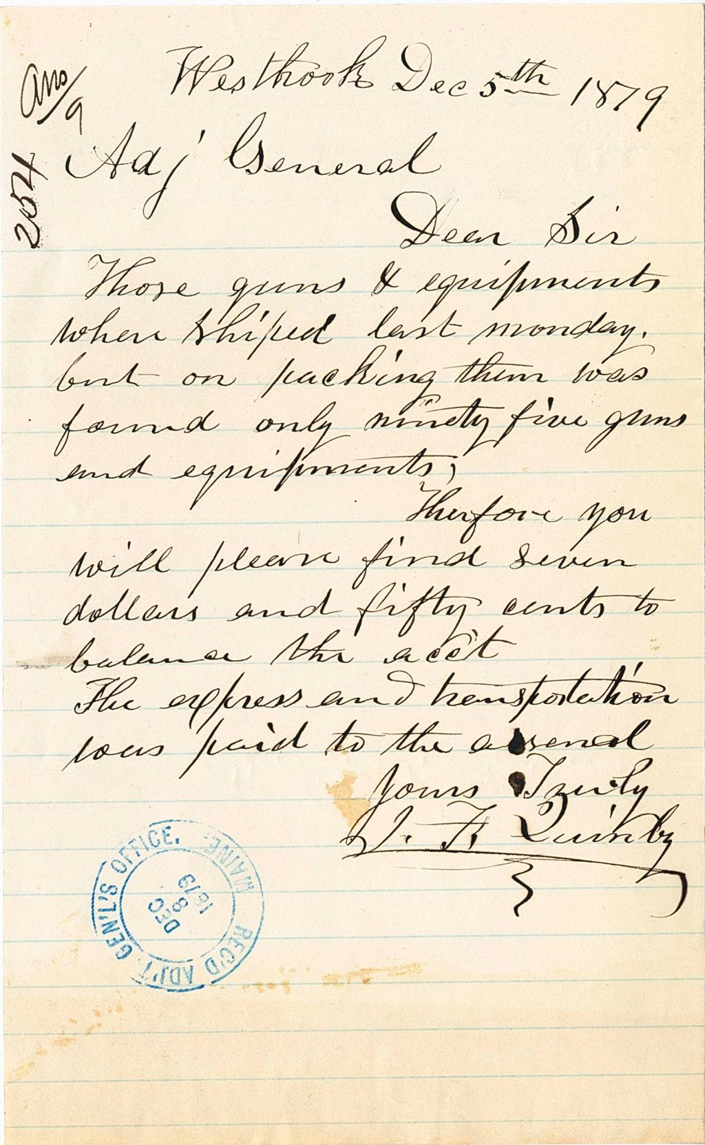 Miniature of J. F. Quimbly writing, sending money to balance sheet after not receiving the amount of guns that they paid for, 1879-12-05