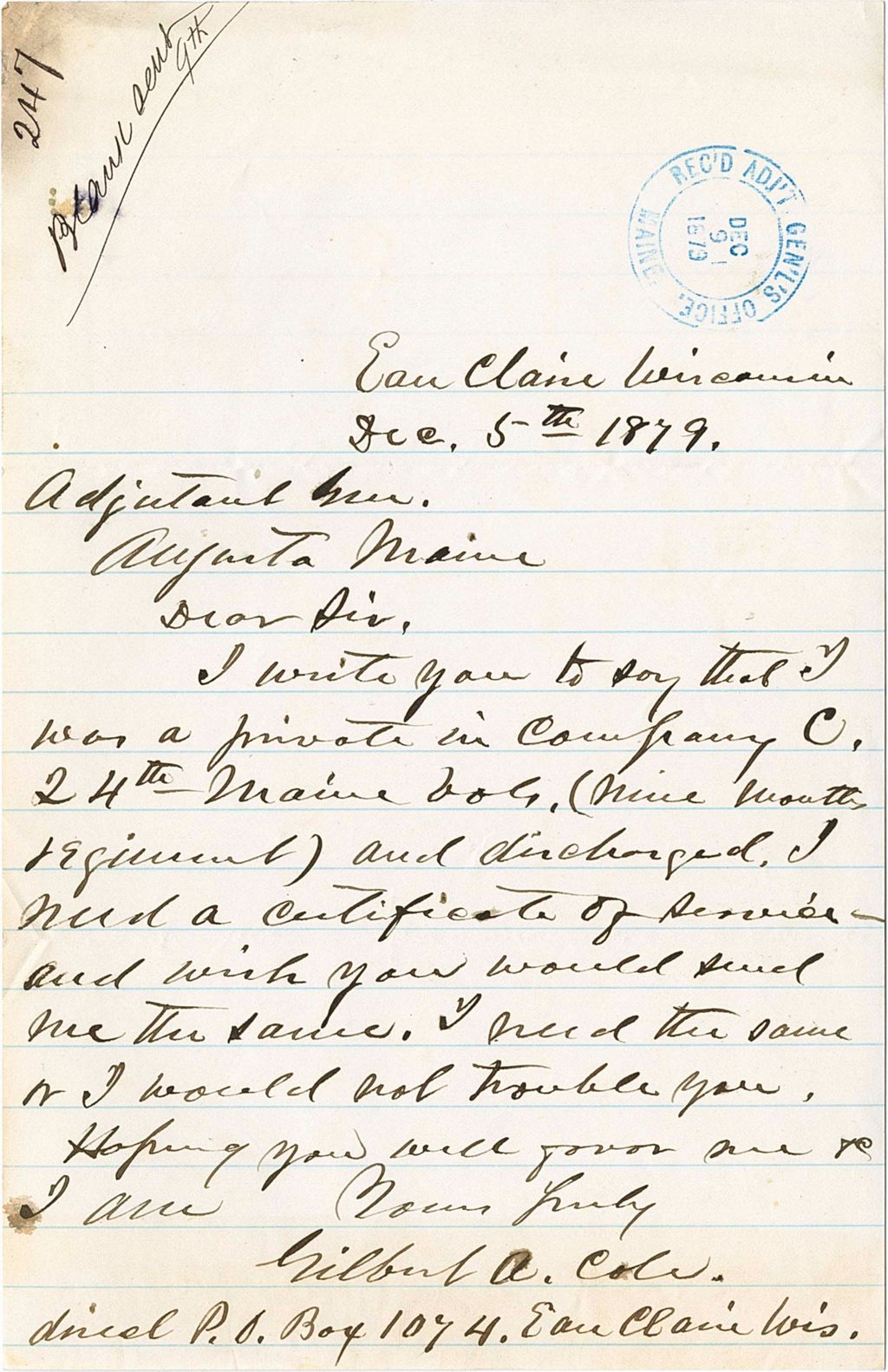 Miniature of Gilbert A. Cole requesting certificate of service, 1879-12-05