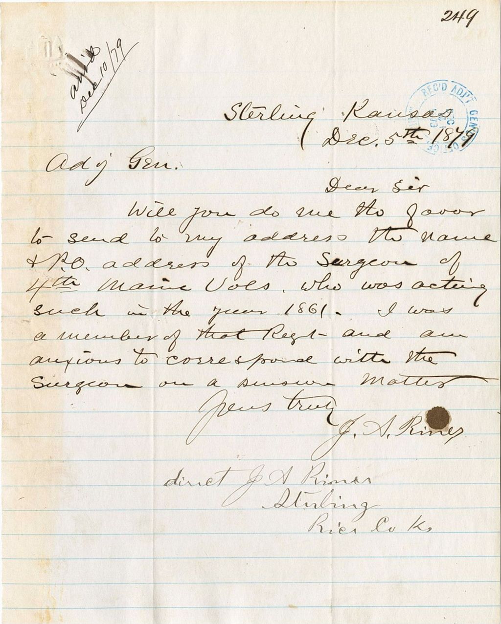 Miniature of J. S. Rines requesting address of the Surgeon of 4th Maine Vols in the year of 1861, 1879-12-05