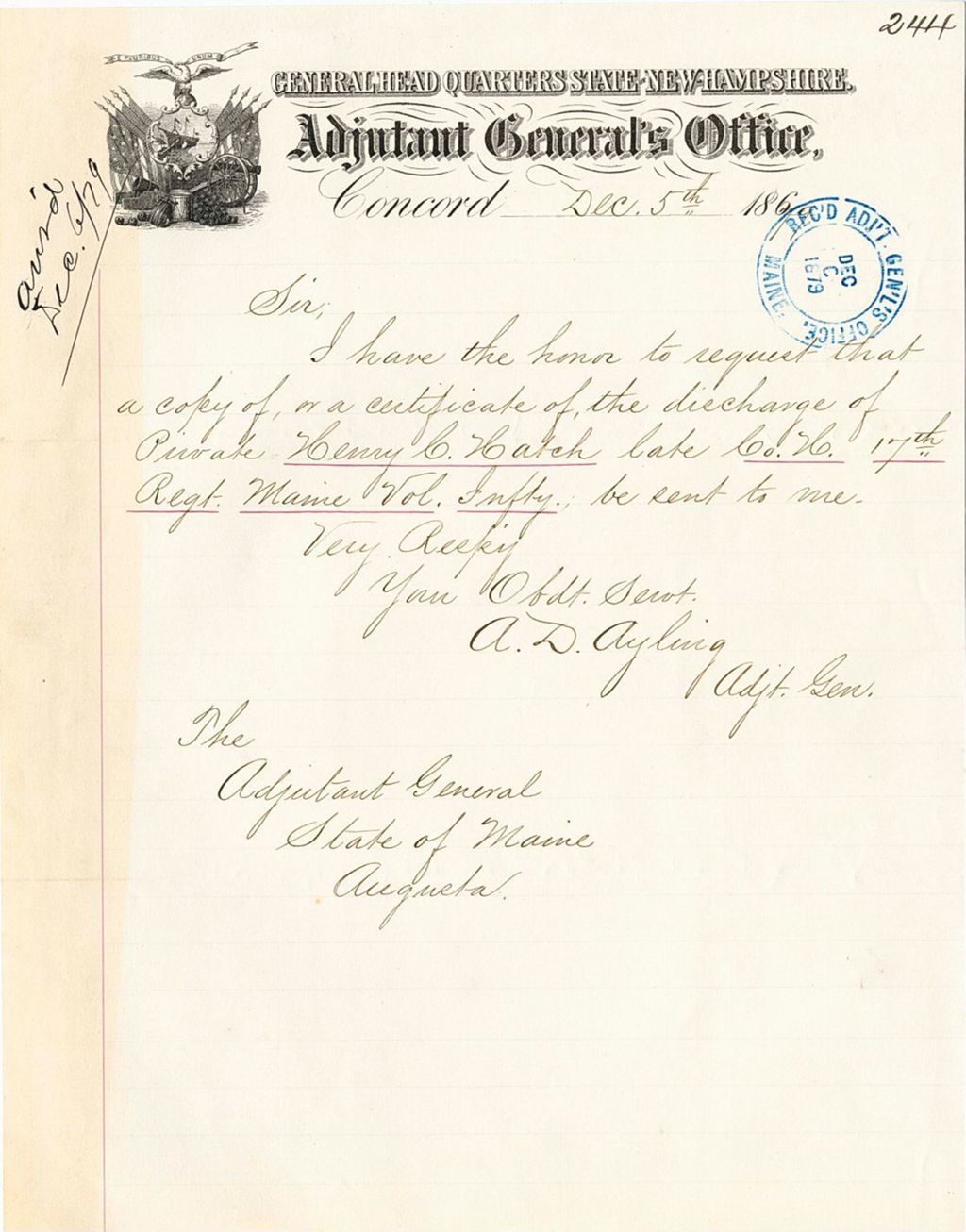 Miniature of A. D. Ayling requesting a certificate of discharge of private Henry N. Hatch, 1879-12-05