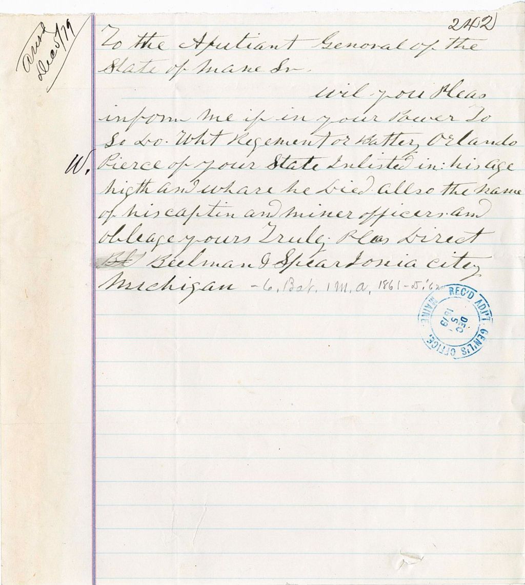Miniature of Beelman G. Speardonia  requesting enlistment information of Orlando W. Pierce, 1879-12-05