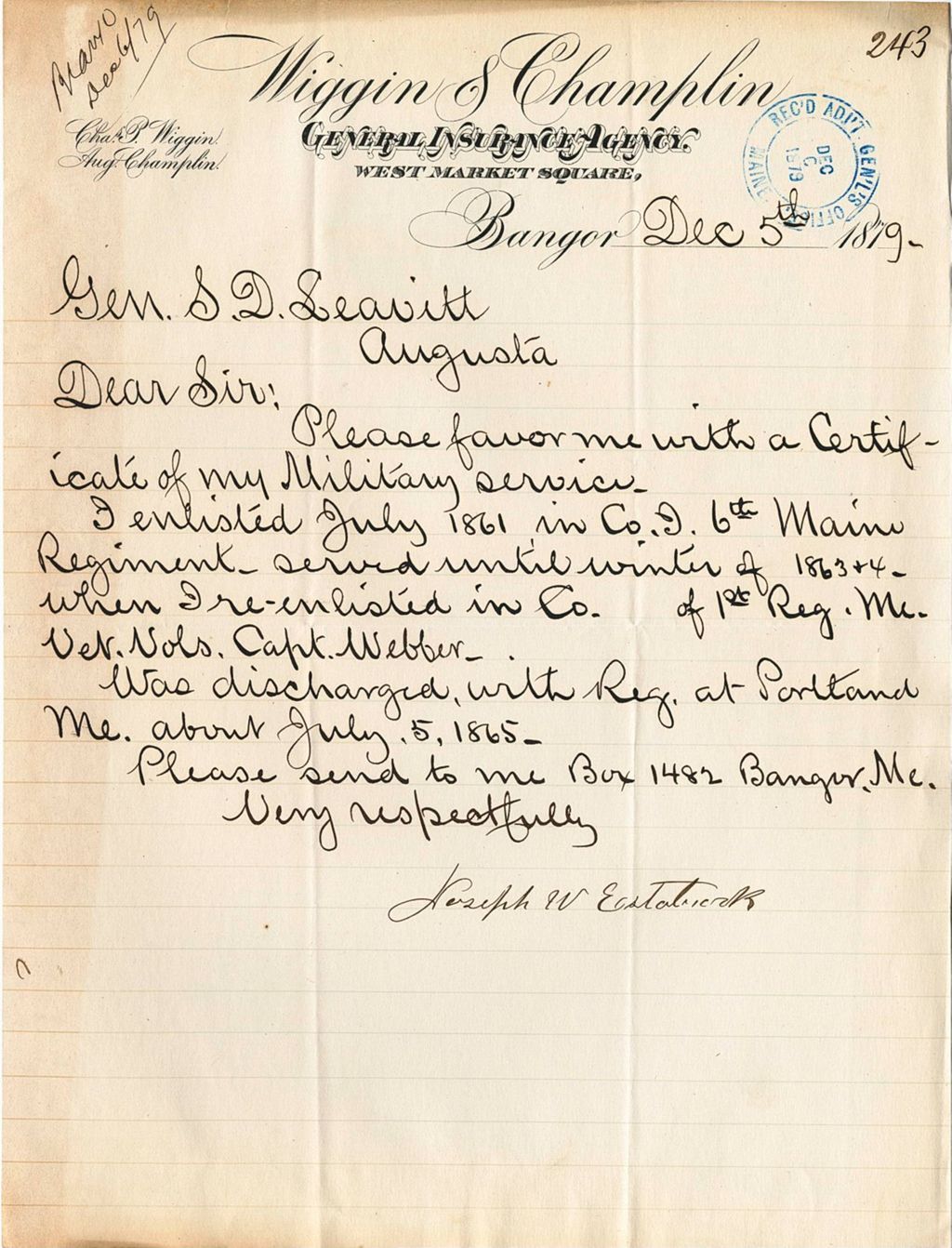 Miniature of Joseph W. Estabierok Requesting a certificate of military service, 1879-12-05