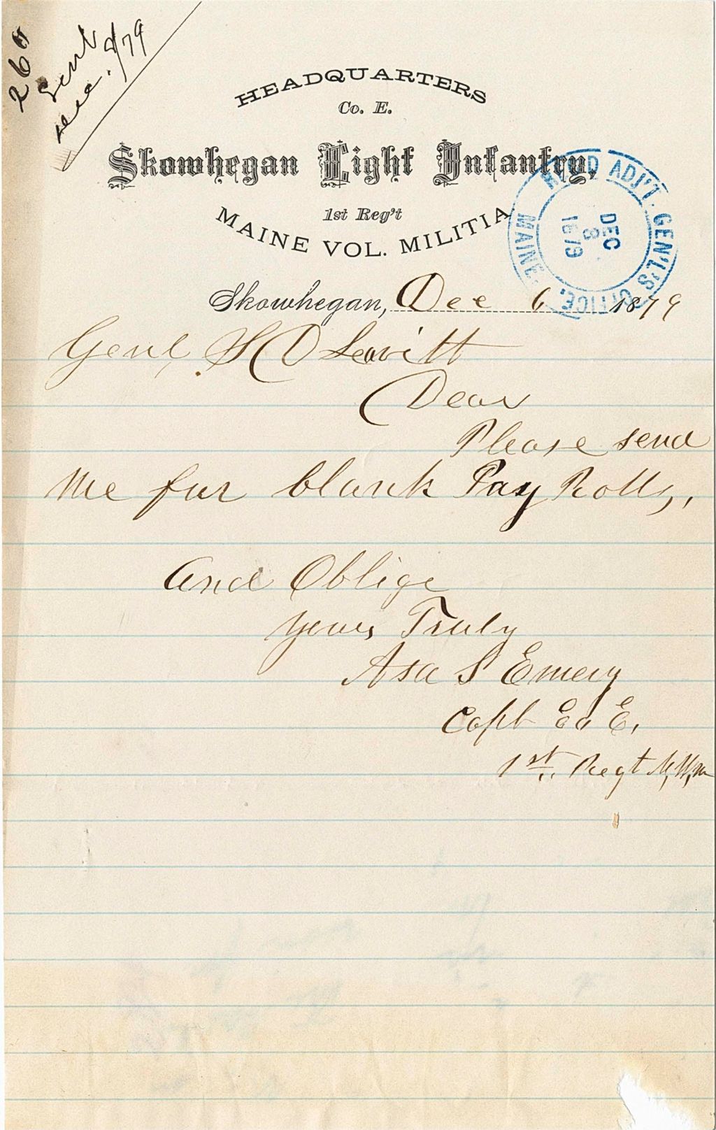 Miniature of Asa S. Emery requesting blank payrolls, 1879-12-06