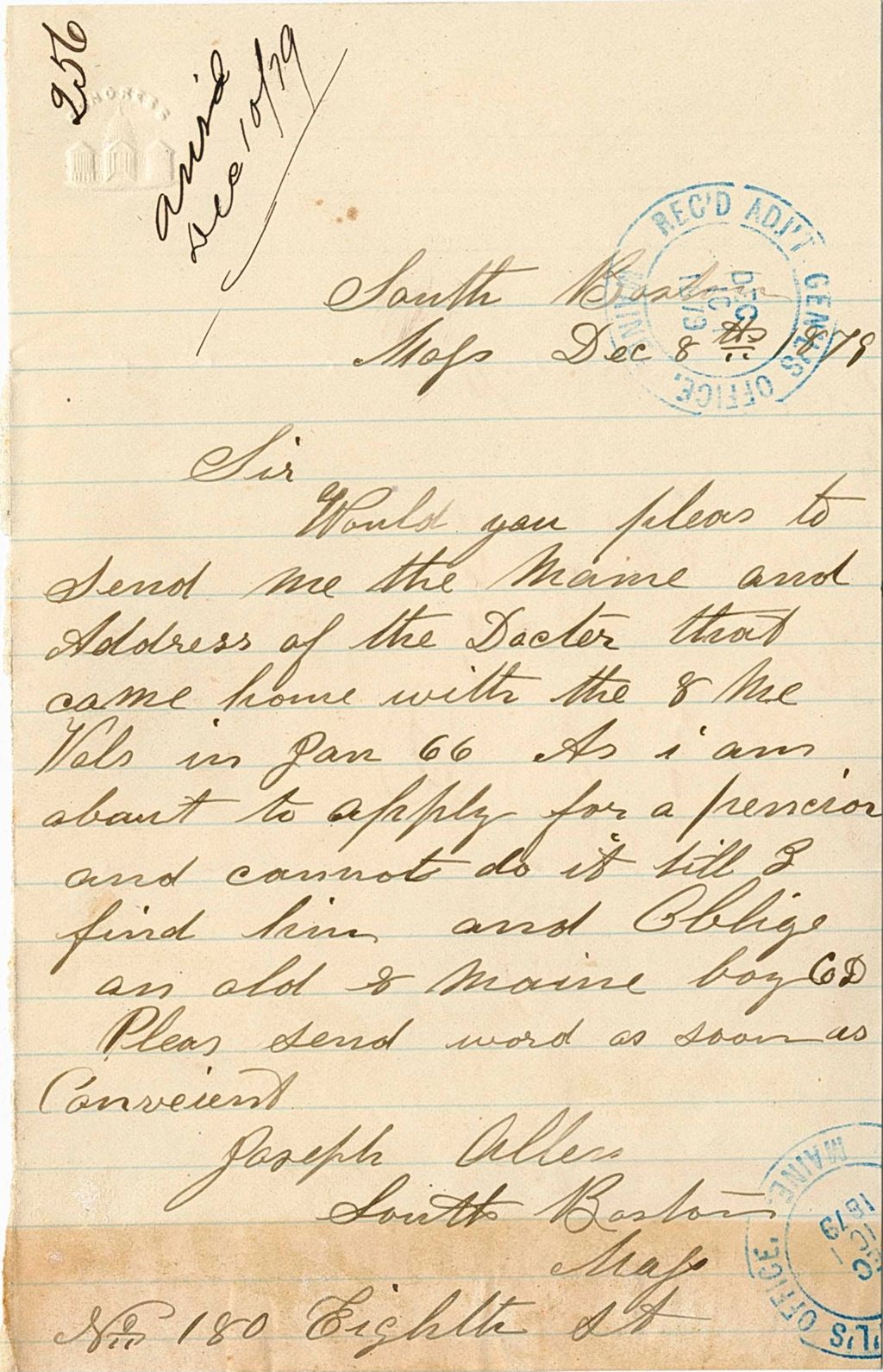 Miniature of Joseph Allen requesting the name and address that came home from the 8th Vols in January of 1866, 1879-12-08