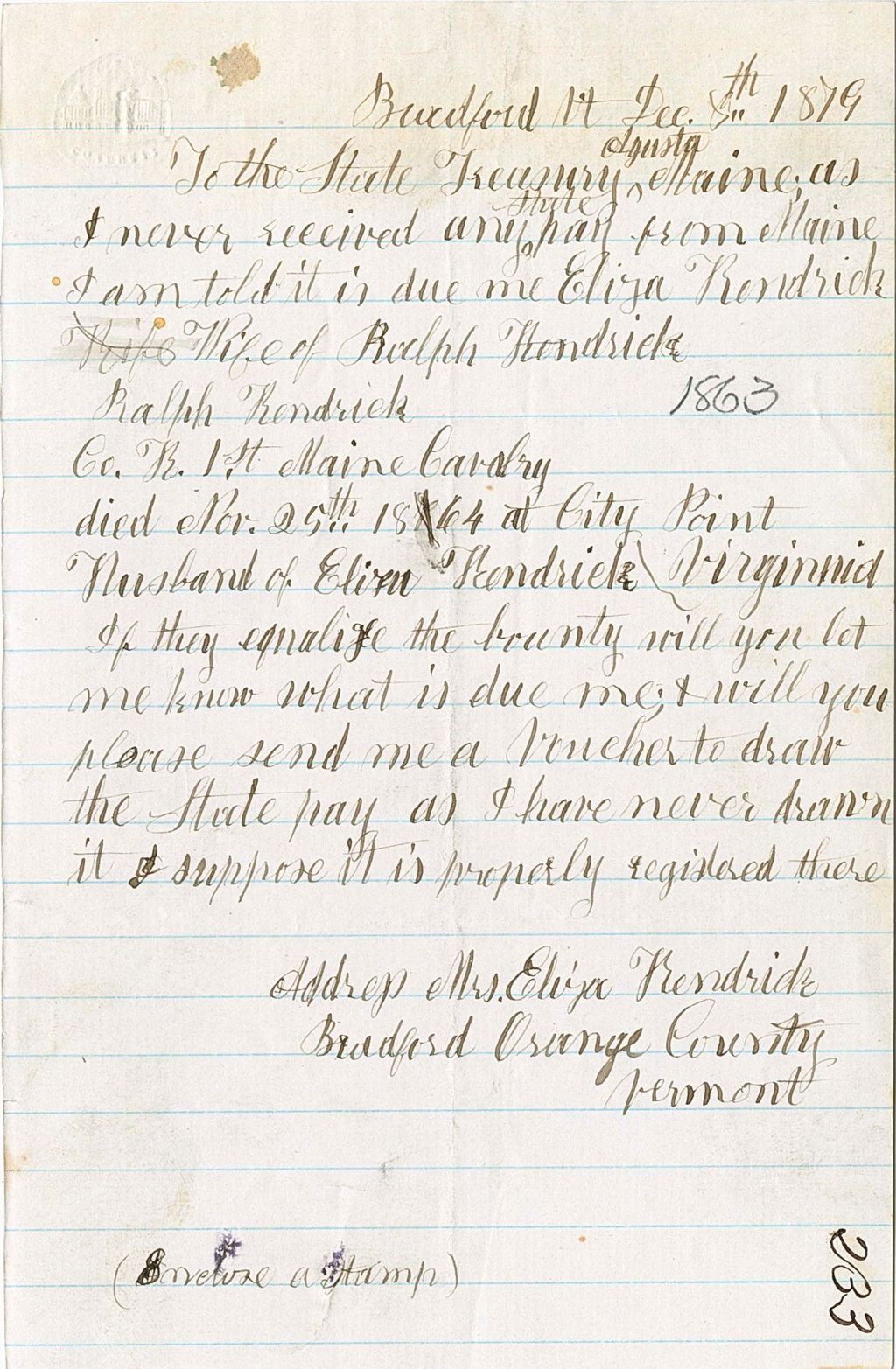 Miniature of Mrs. Eliza Hendrick requesting the bounty of her now passed husband who was in the Maine Cavalry, 1879-12-08