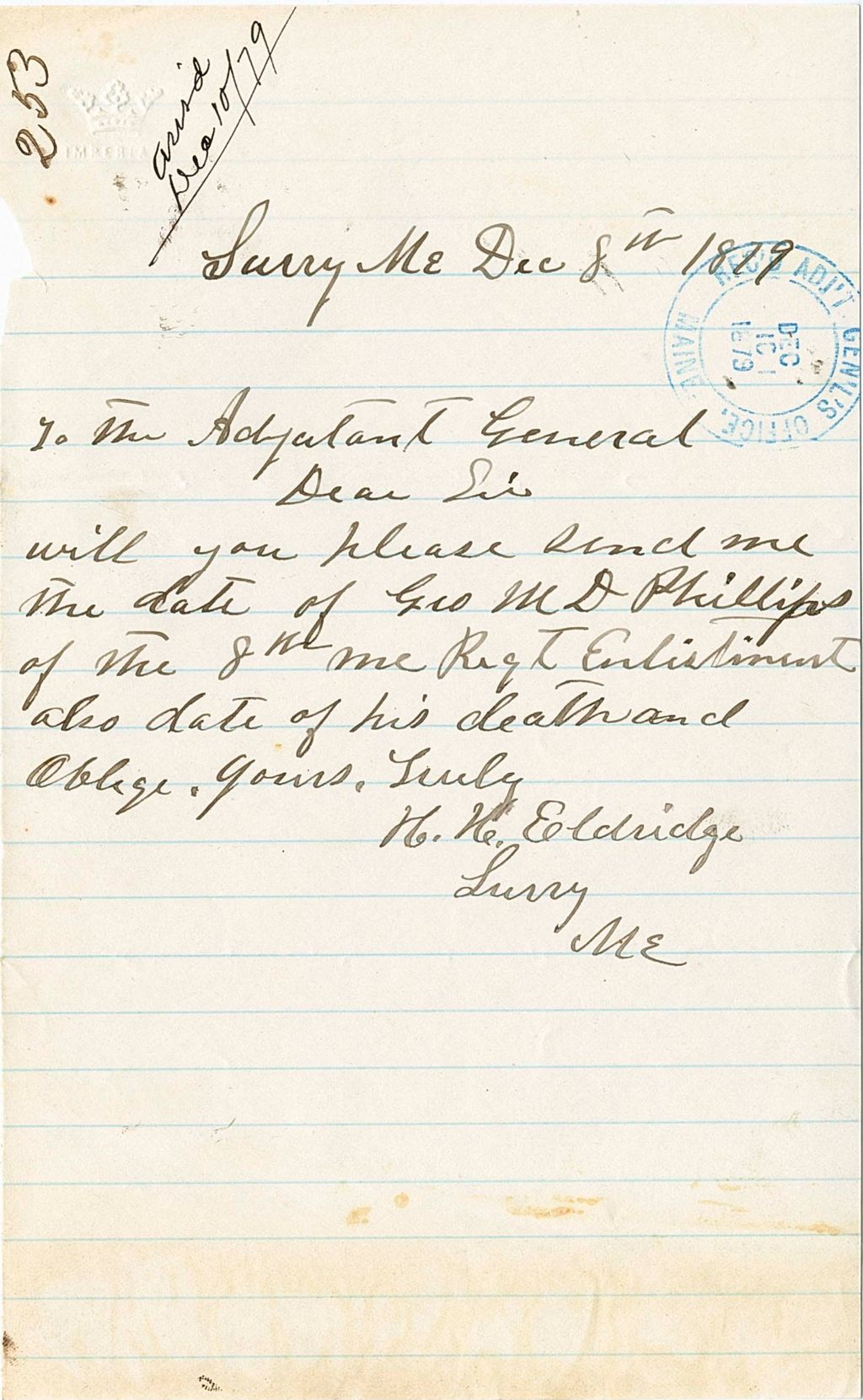 Miniature of H. H. Eldridge requesting the date of death of M. D. Phillips, 1879-12-08