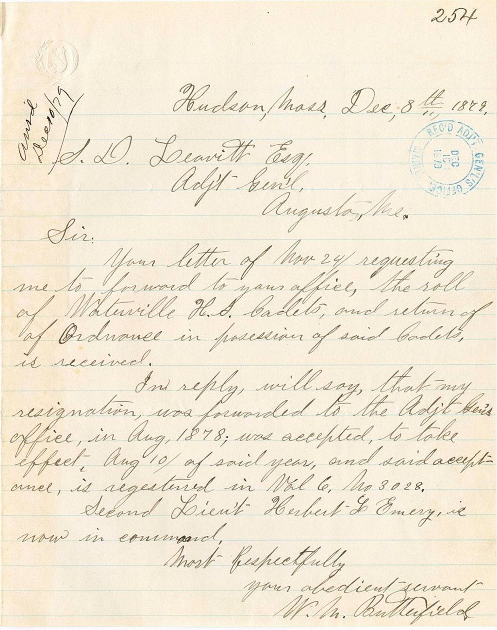 Miniature of W. N. Butterfield informing the Adjunct General that he had previously resigned and informing him of Second Lieutenant Herbert L. Emery newly In command, 1879-12-08