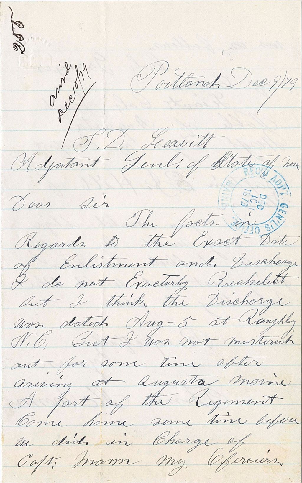 Miniature of Thomas McMann requesting his certificate of enlistment and discharge, 1879-12-09