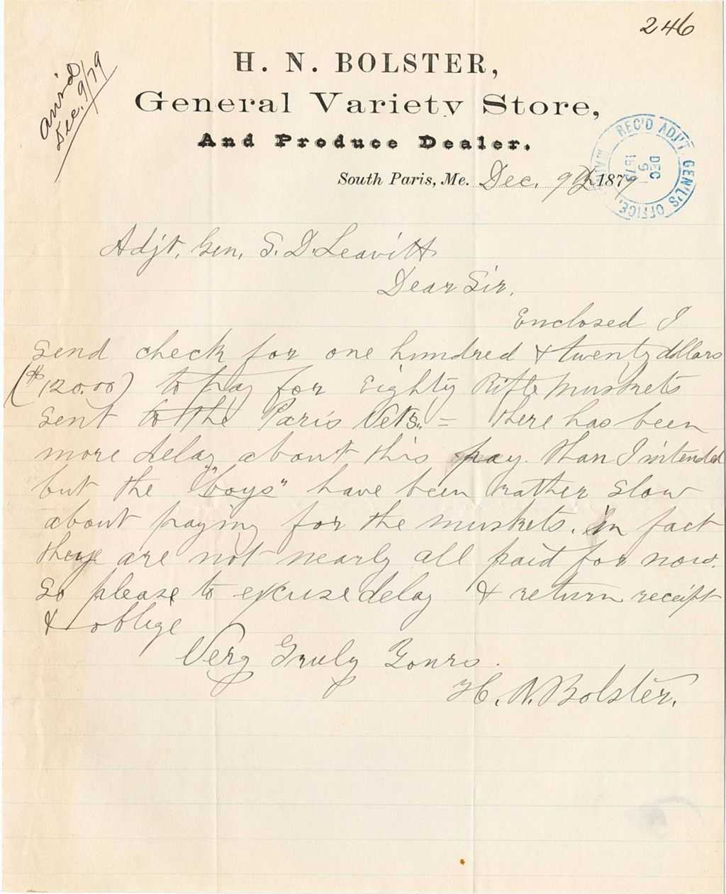 Miniature of H. N. Bolster sending a check for $120.00 to pay for rifle muskets sent to Paris, 1879-12-09