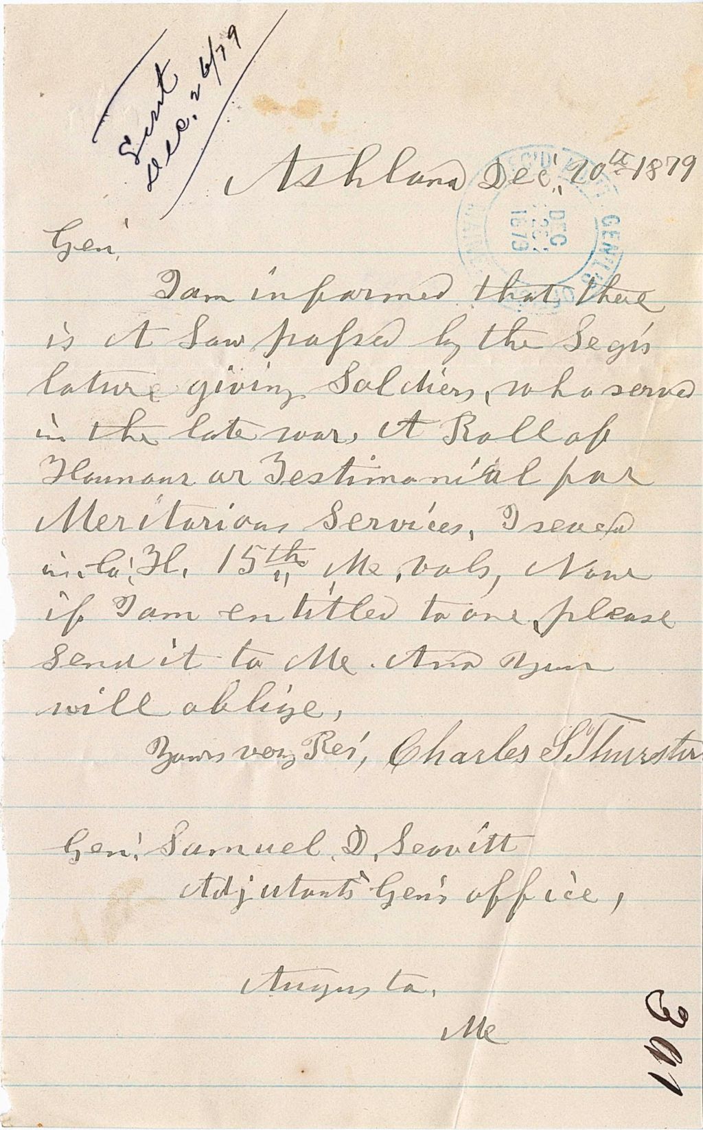 Miniature of Charles S. Thomaston asking about a law paper in the legislature that may give soldiers [Honor] Or testimonial per [meritorious] service, 1879-12-10