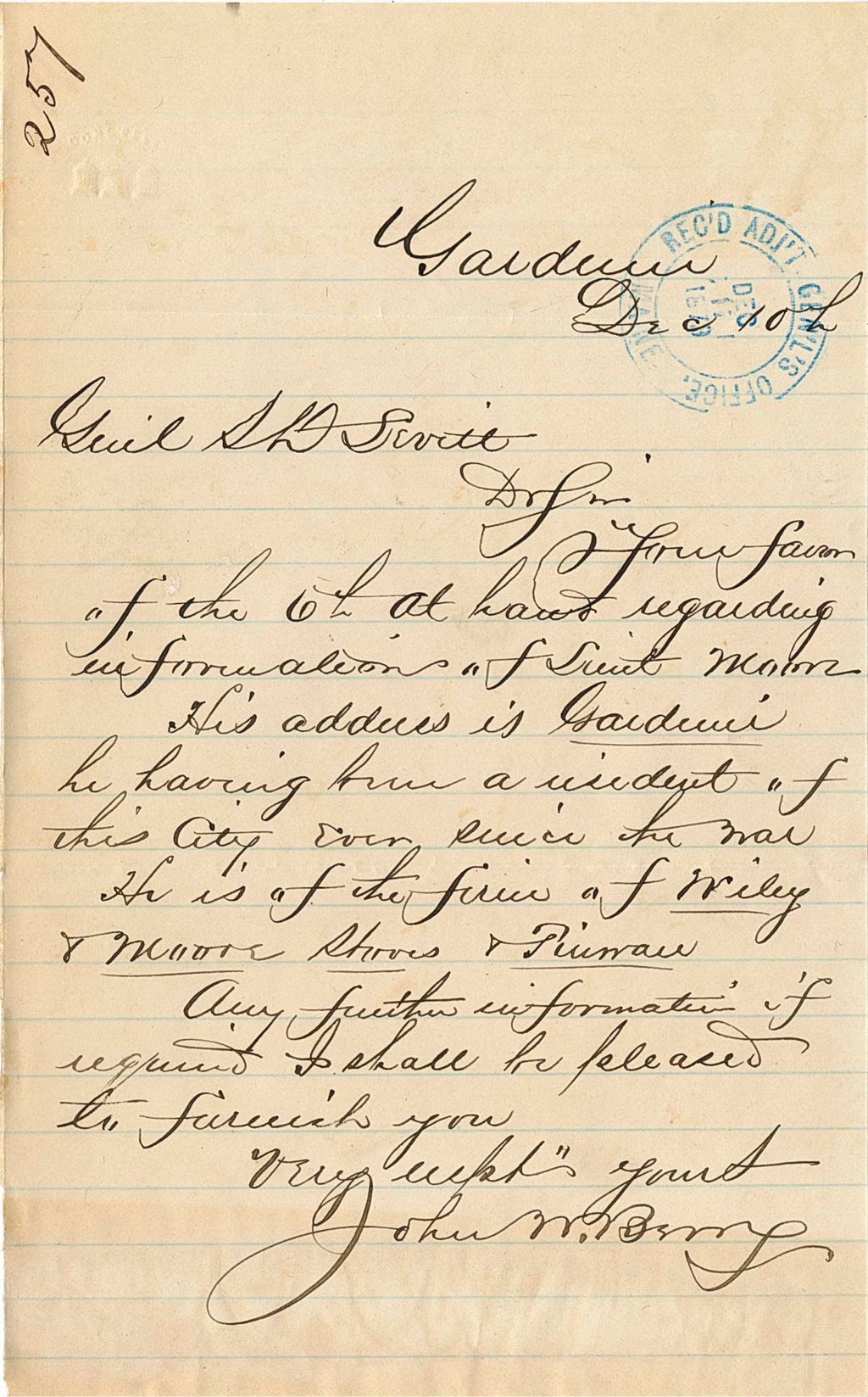 Miniature of John W. Berry asking about information about Lieut Moore, 1879-12-10