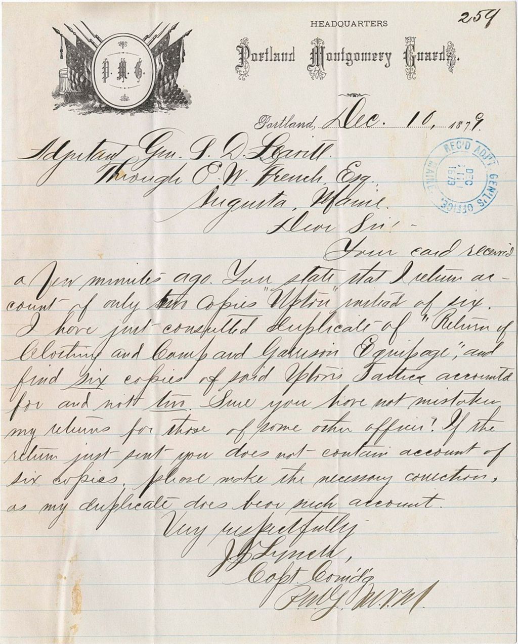 Miniature of J. J. Lyneta inquiring about receiving six returns instead of the two he was expecting, 1879-12-10