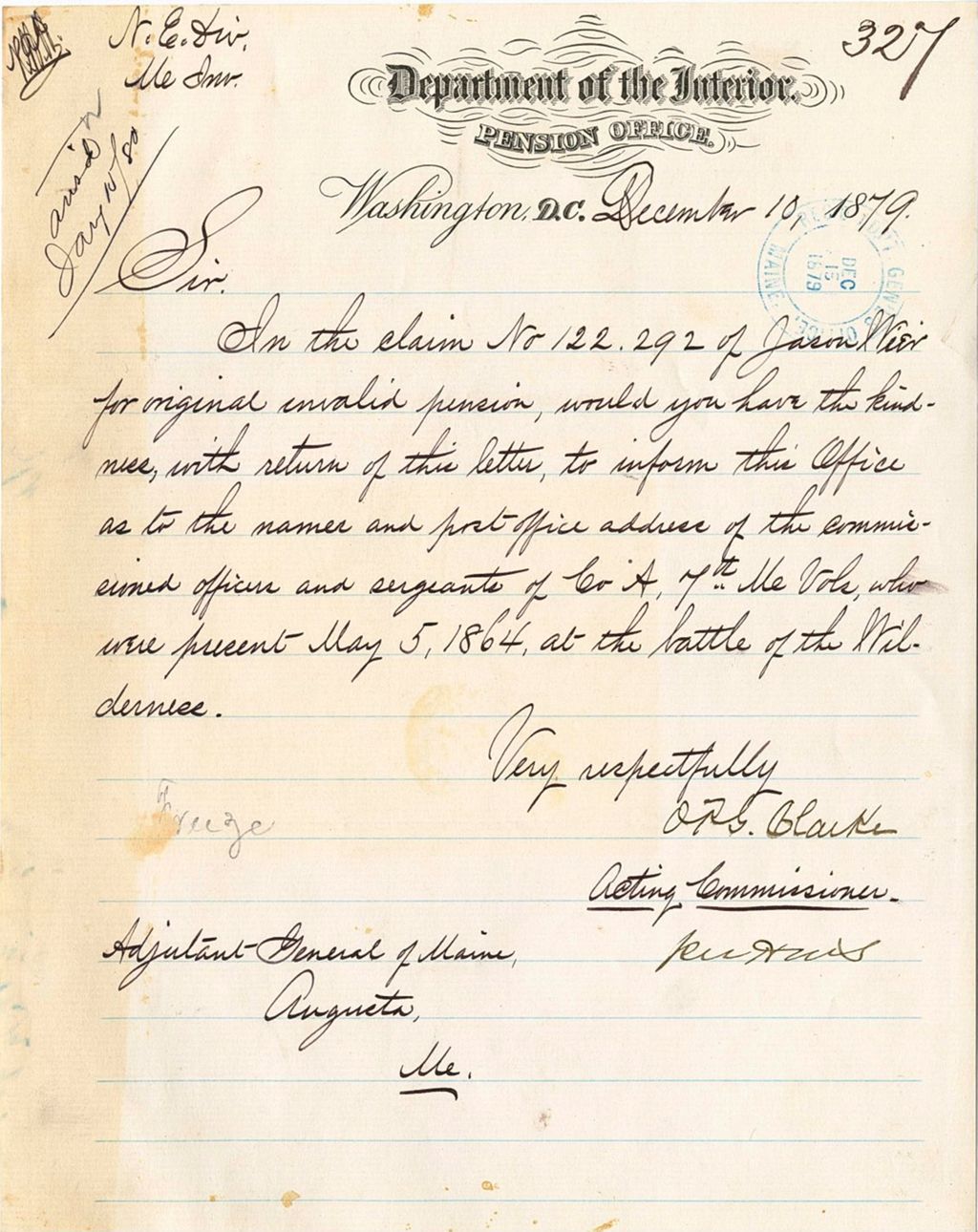 Miniature of O. P. G. Blaike, acting commissioner of the department of the interior requesting information about those present May 5th 1864, at the battle of the wilderness, 1879-12-10