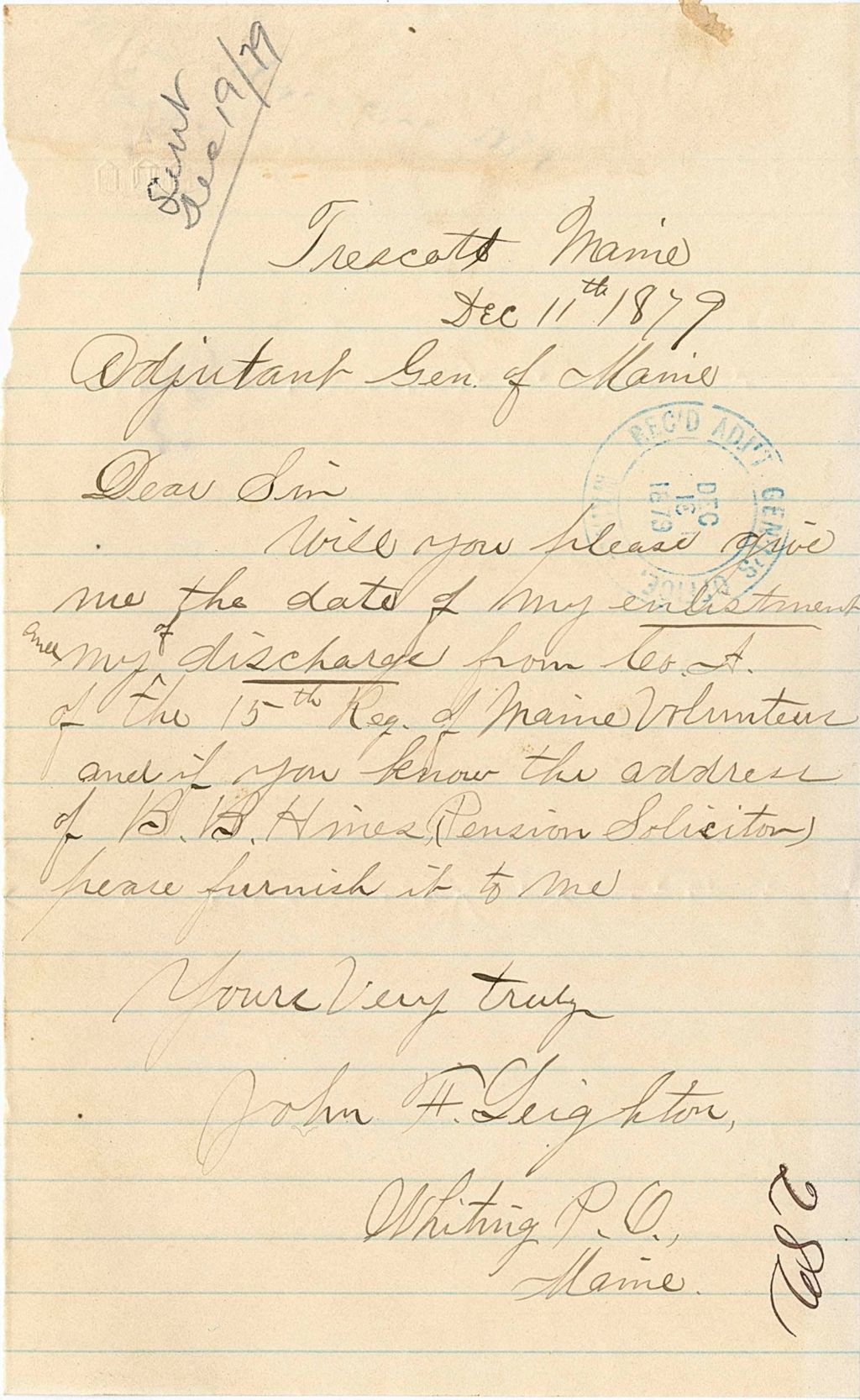 Miniature of John H. Leighter requesting information about his discharge and enlistment, 1879-12-11