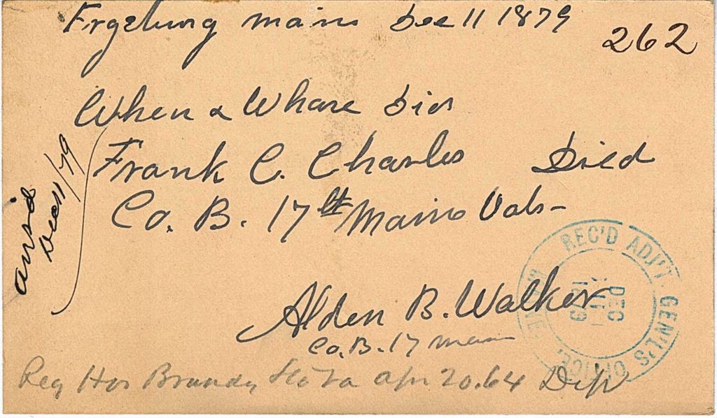 Miniature of Alden B. Walker requesting when and where Frank C. Charles died, 1879-12-11