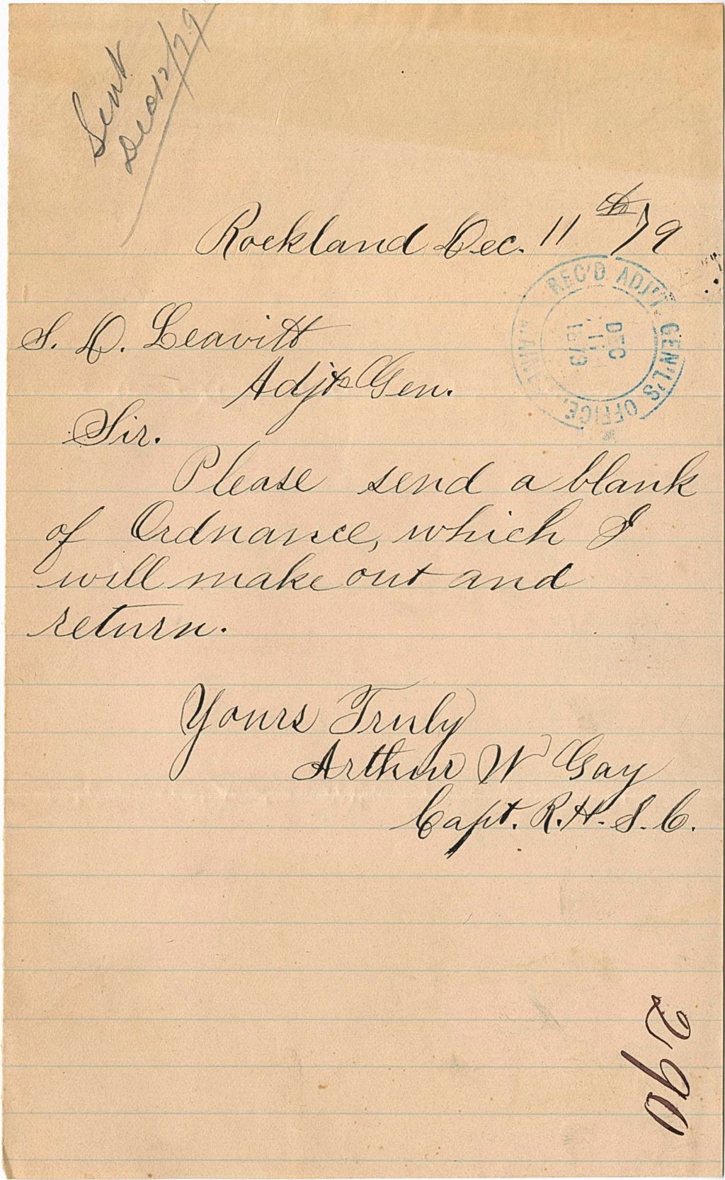 Miniature of Arthur W. Gay requesting a blank of Ordnance, 1879-12-11