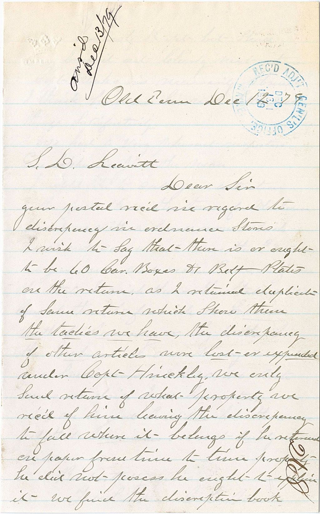Miniature of Joe Lund writing about a return discrepancy and requesting more money to pay for furnishing, 1879-12-11