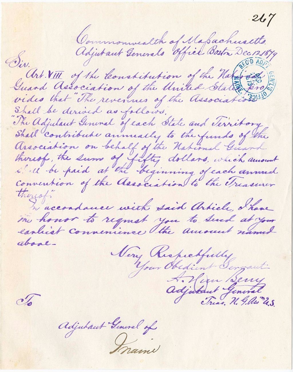 Miniature of A. H. Berry the adjunct General for the Commonwealth of Massachusetts requesting the annual contribution of $50 to be paid to the National Guard Association, 1879-12-12