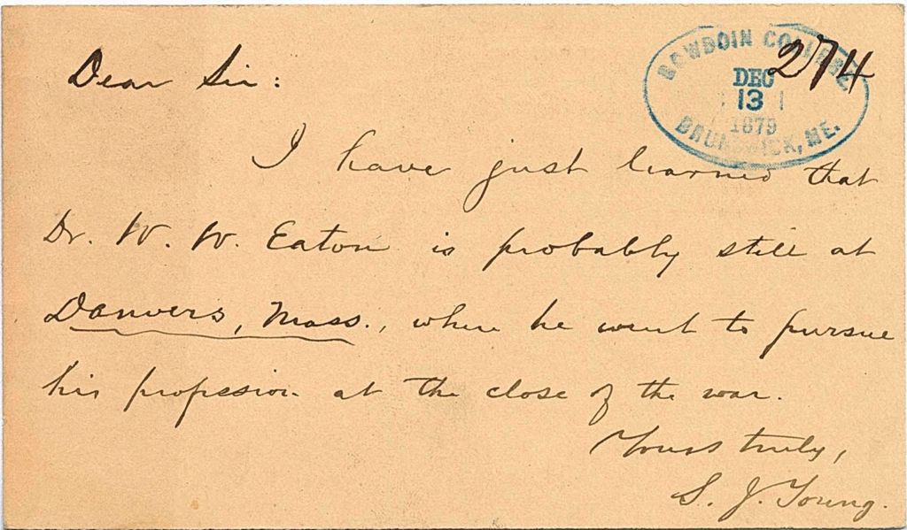 Miniature of S. J. Young writing that Dr. W. W. Eaton is in Danvers, Mass, 1879-12-13