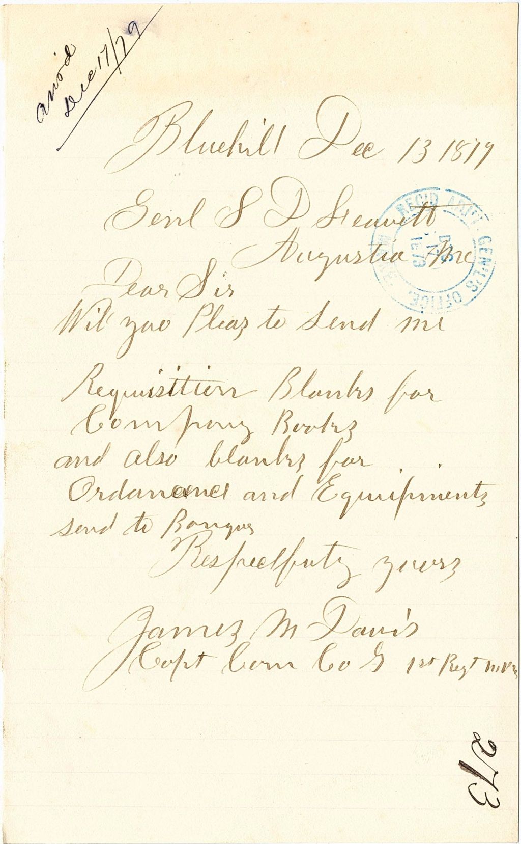Miniature of James M. Davis requesting requisition blanks, 1879-12-13