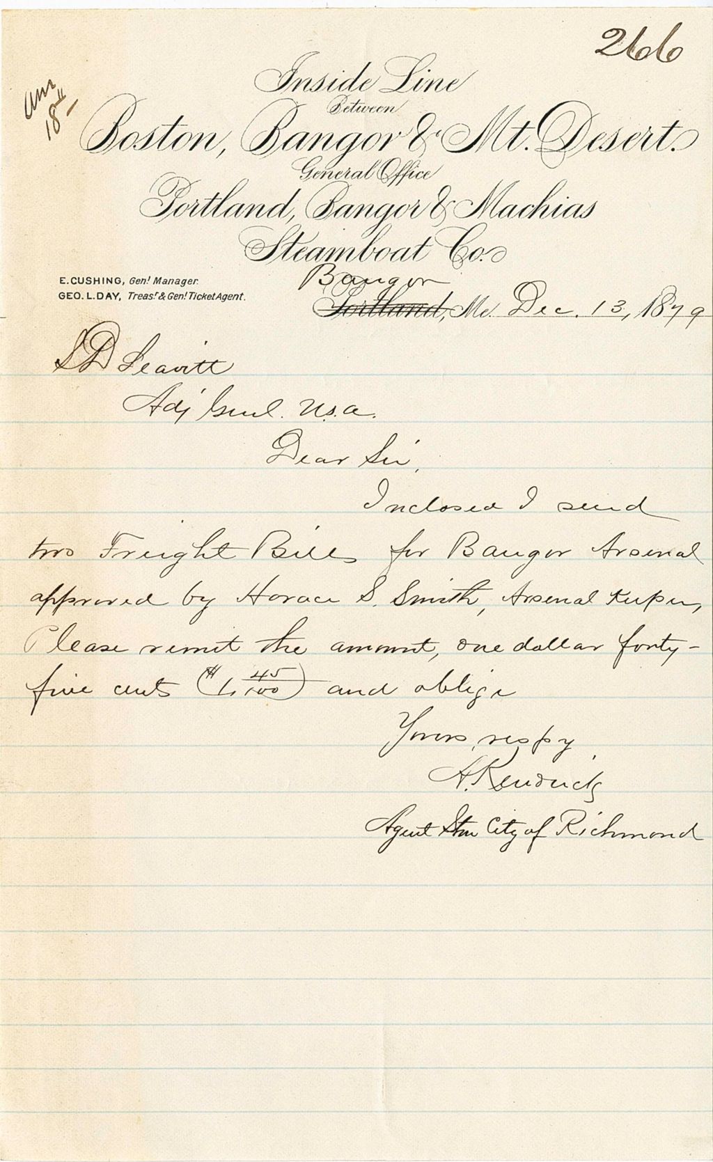 Miniature of A. Kengards sending freight bills for the Bangor Arsenal, 1879-12-13