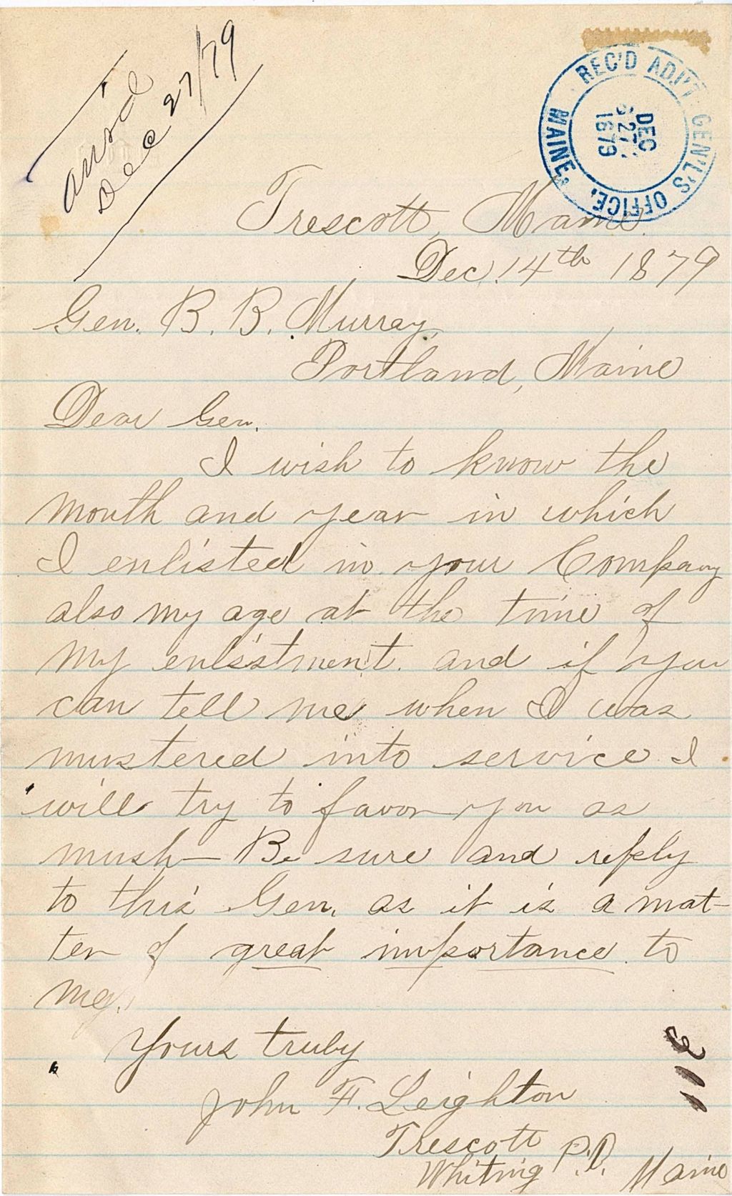 Miniature of John F. Leighton requesting enlistment information, 1879-12-14
