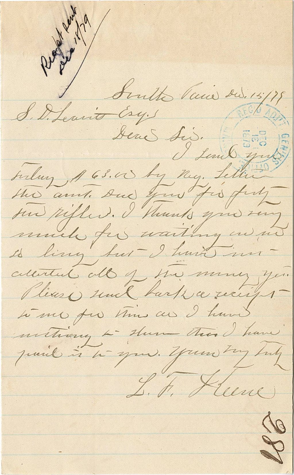 Miniature of L. F. Greene writing to request a receipt and to apologise for the delay of payment for rifles, 1879-12-15