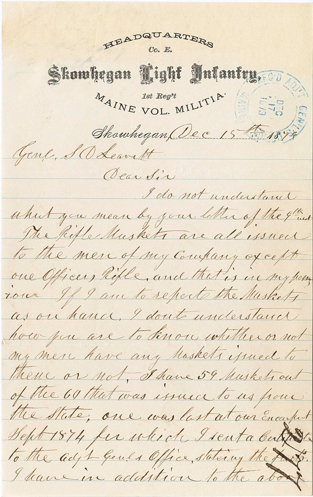 Miniature of Asa S. Emery ensuring that the muskets in his armory are under his control, 1879-12-15