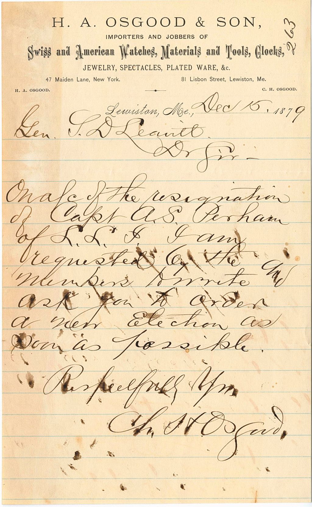 Miniature of C. H. Osgood requesting the order of a new election after the resignation of Capt. A. S. Perham, 1879-12-15