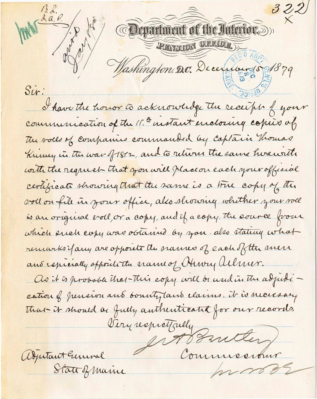 Miniature of J. H. Butler commissioner of the Interior requesting new procedural rules for certifying originals and copies of papers, 1879-12-15