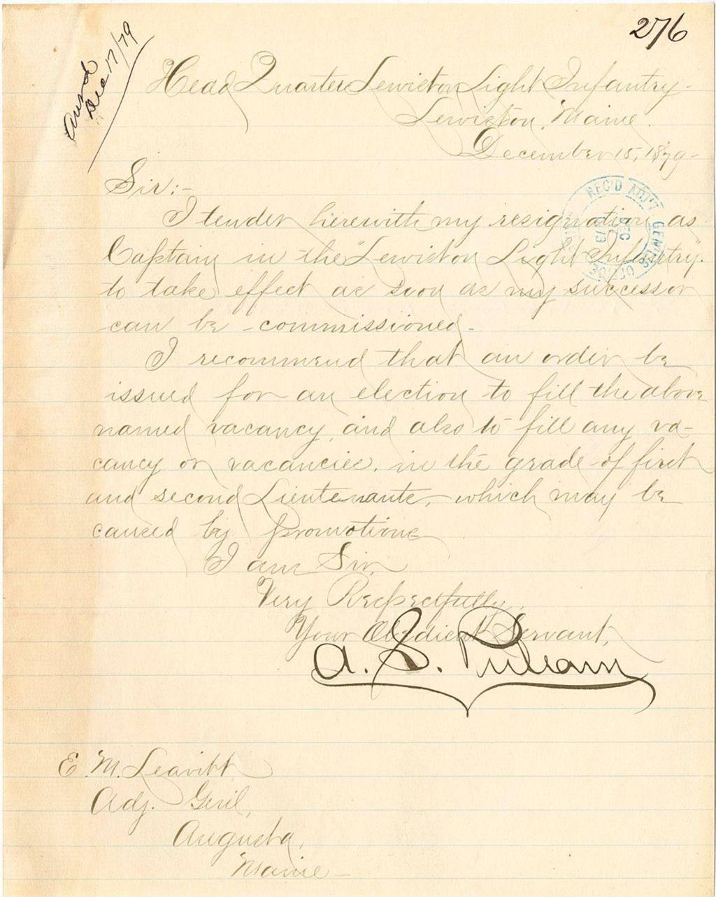 Miniature of Capt. A. S. Perham's resignation, 1879-12-15