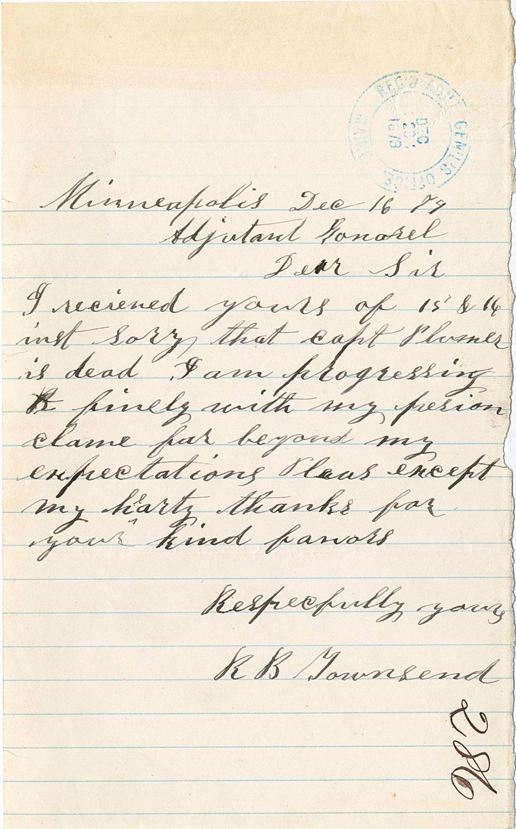 Miniature of R. B. Townsend greiving the loss of Capt. Plomer and thanking the Adjunct General for help with his pension, 1879-12-16