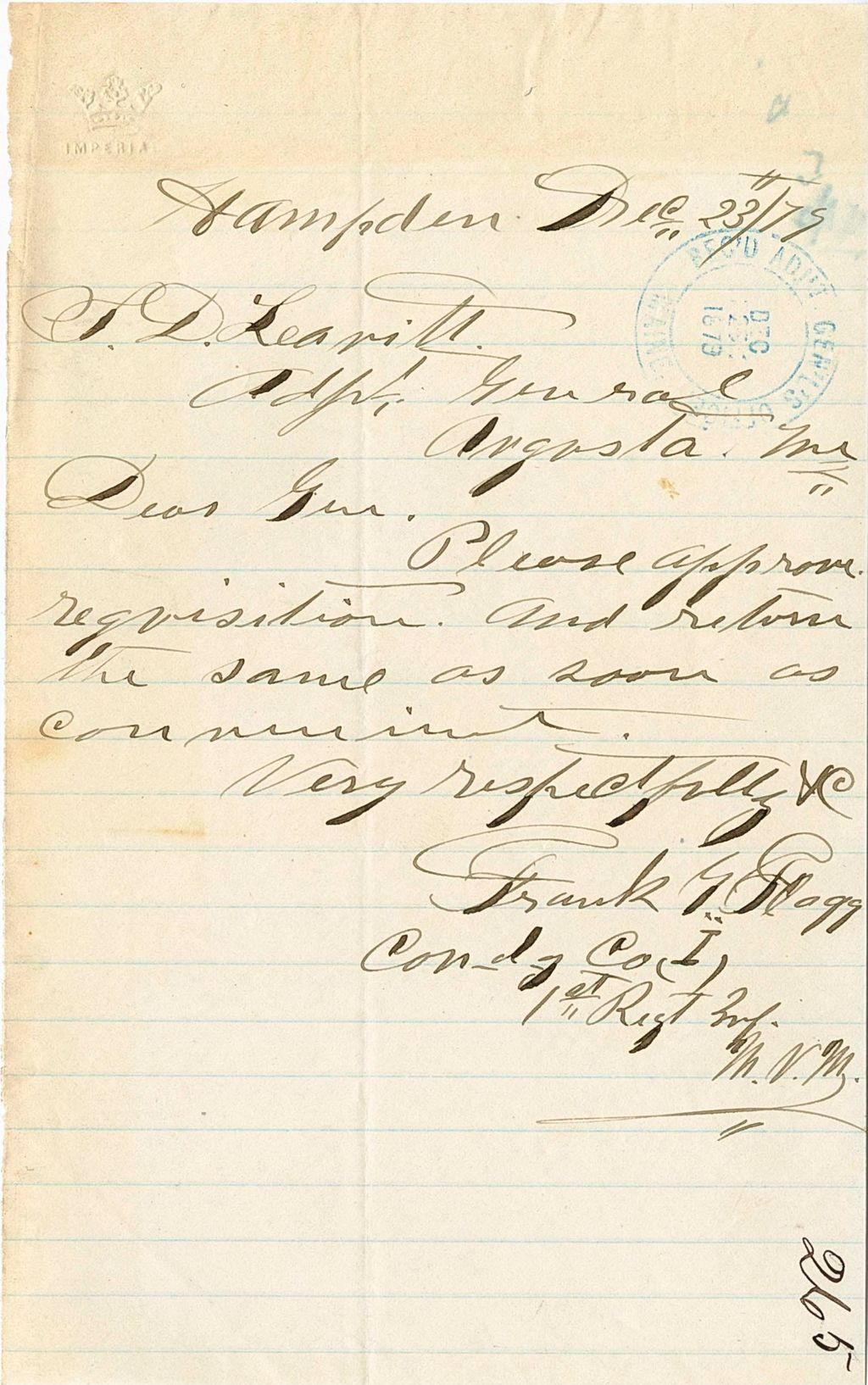 Miniature of Frank G. Hogg requisition request for approval, 1879-12-23
